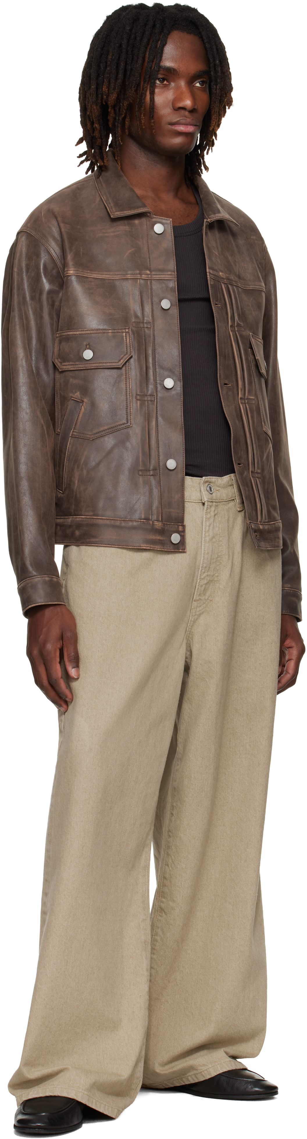 YOKE: Brown Cracked Leather Trucker Jacket | SSENSE