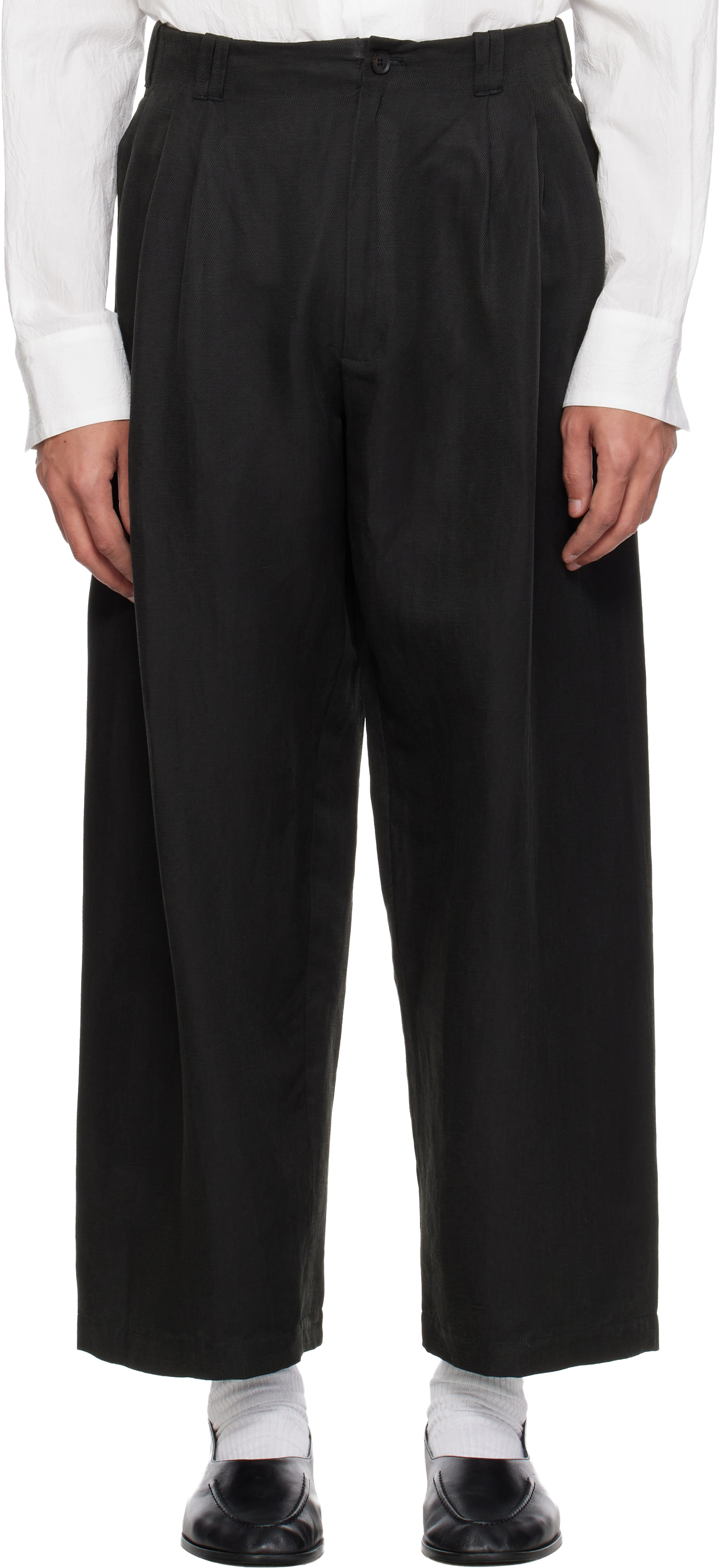 希少 doublet WIDE TAPERED TROSER black M YOKE: Black Linen Silk Kersey 3pleated Tapered Trousers | SSENSE