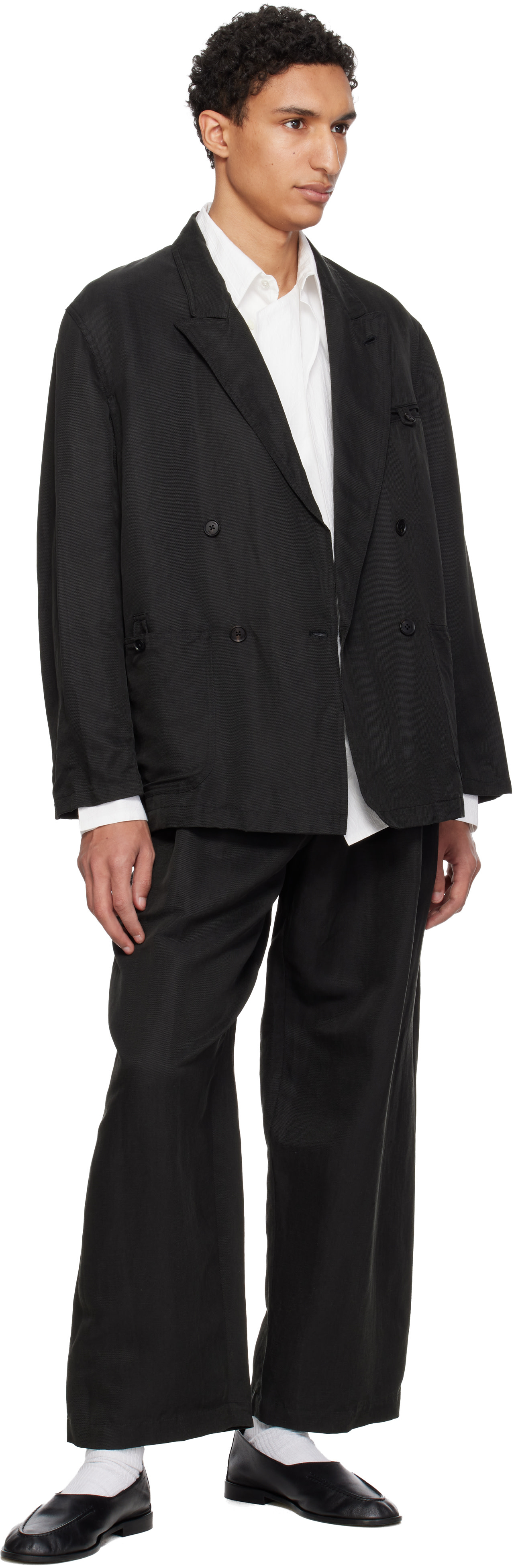 希少 doublet WIDE TAPERED TROSER black M YOKE: Black Linen Silk Kersey 3pleated Tapered Trousers | SSENSE