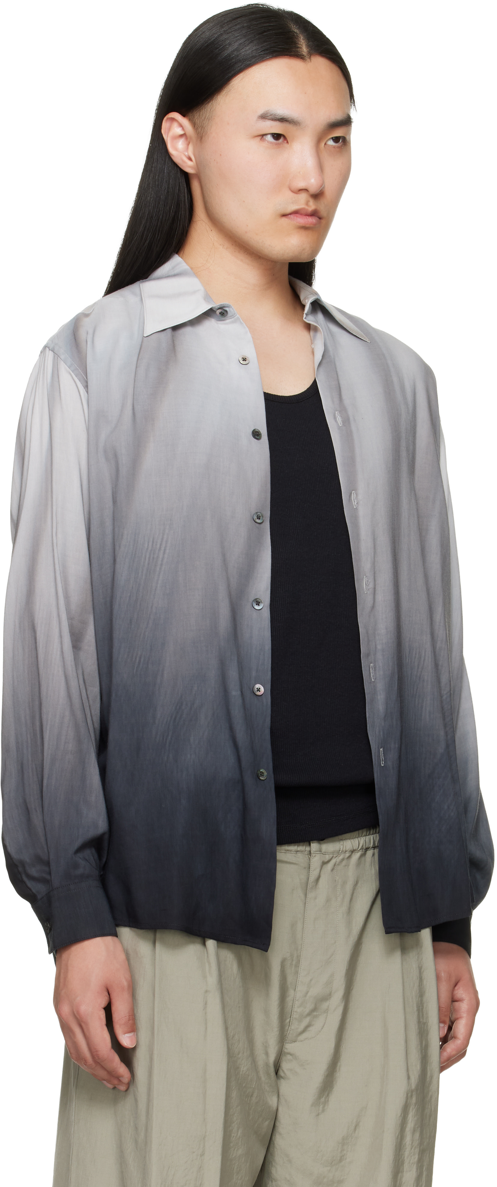 YOKE: Gray Cotton Silk Lawn Hand Painted Loose Fit Shirt | SSENSE