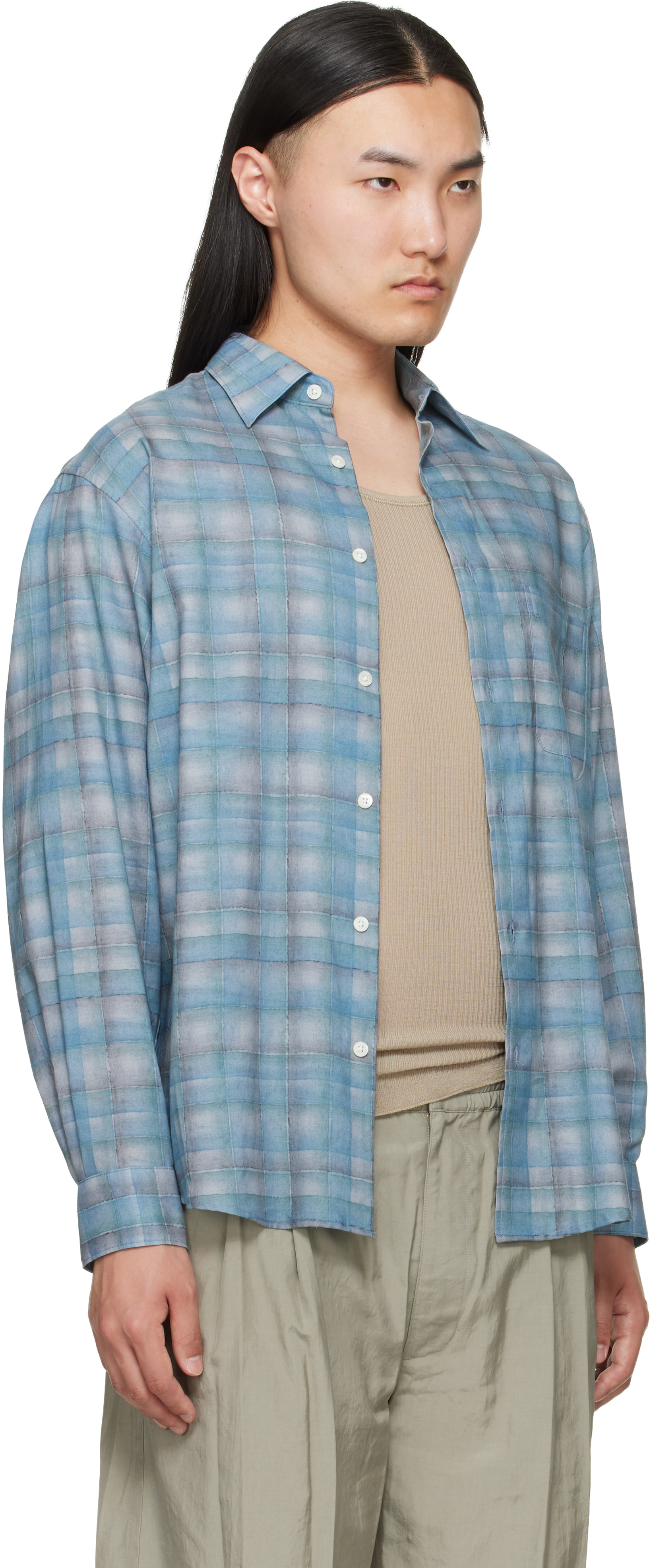 YOKE: Blue Printed Plaid Cotton Lawn Shirt | SSENSE
