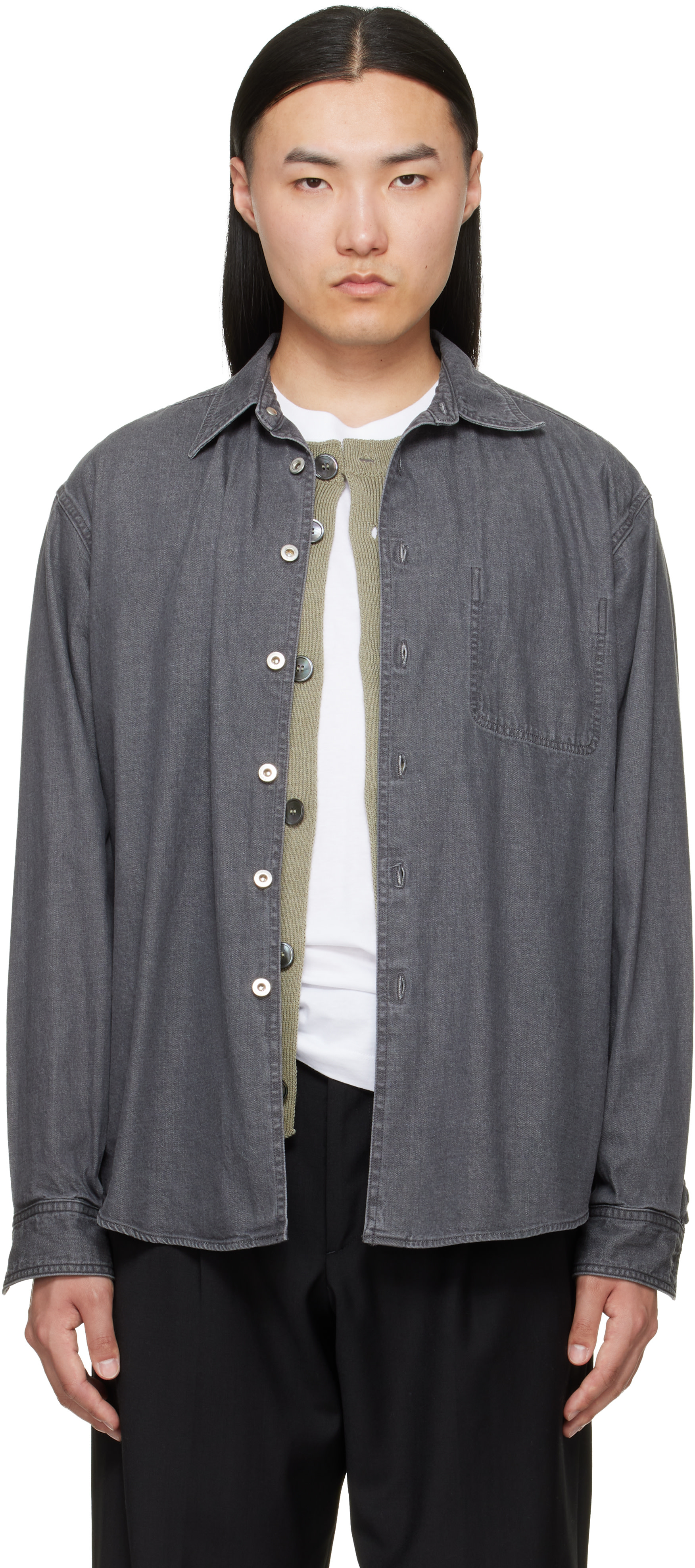 YOKE: Gray Vintage Washed Denim Overshirt | SSENSE Canada