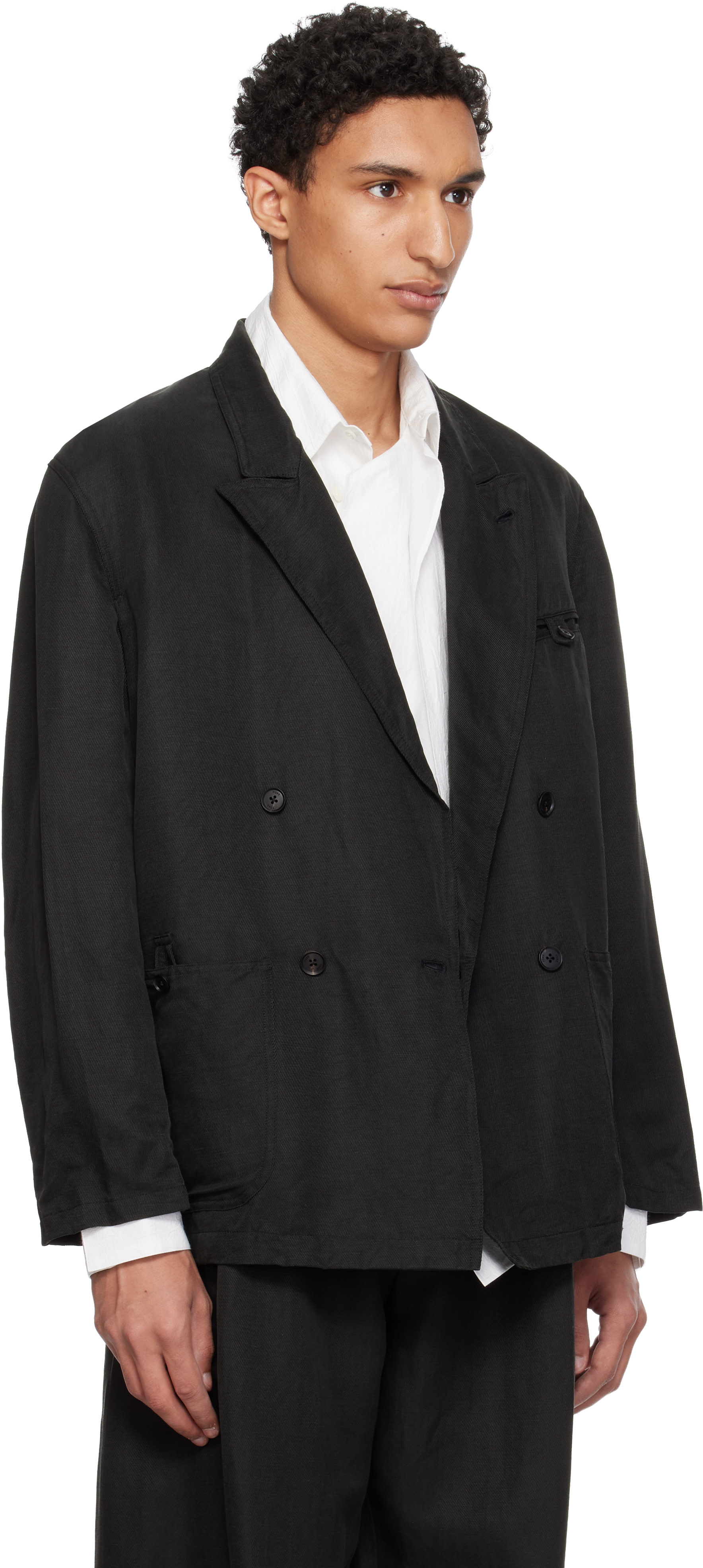 YOKE: Black Linen Silk Kersey Double Breasted Blazer | SSENSE