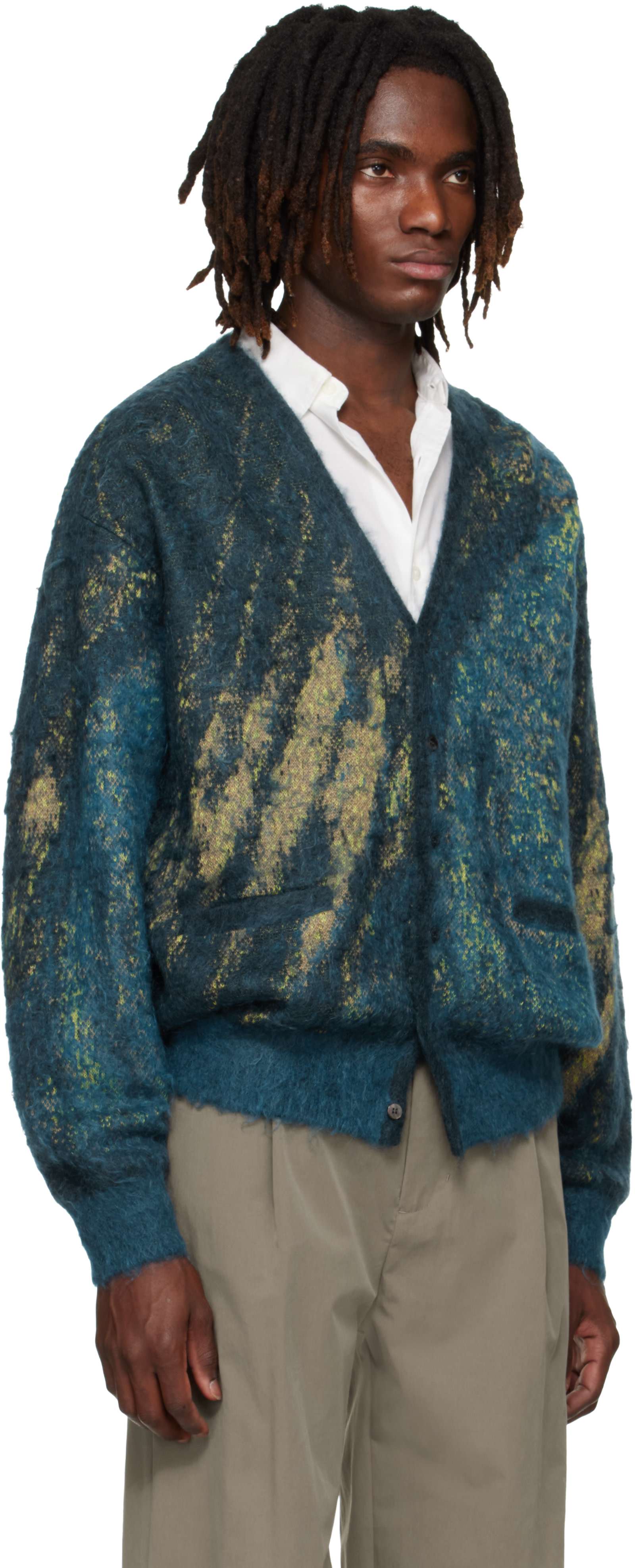 YOKE: Blue & Green Abstract Jacquard Mohair Cardigan | SSENSE