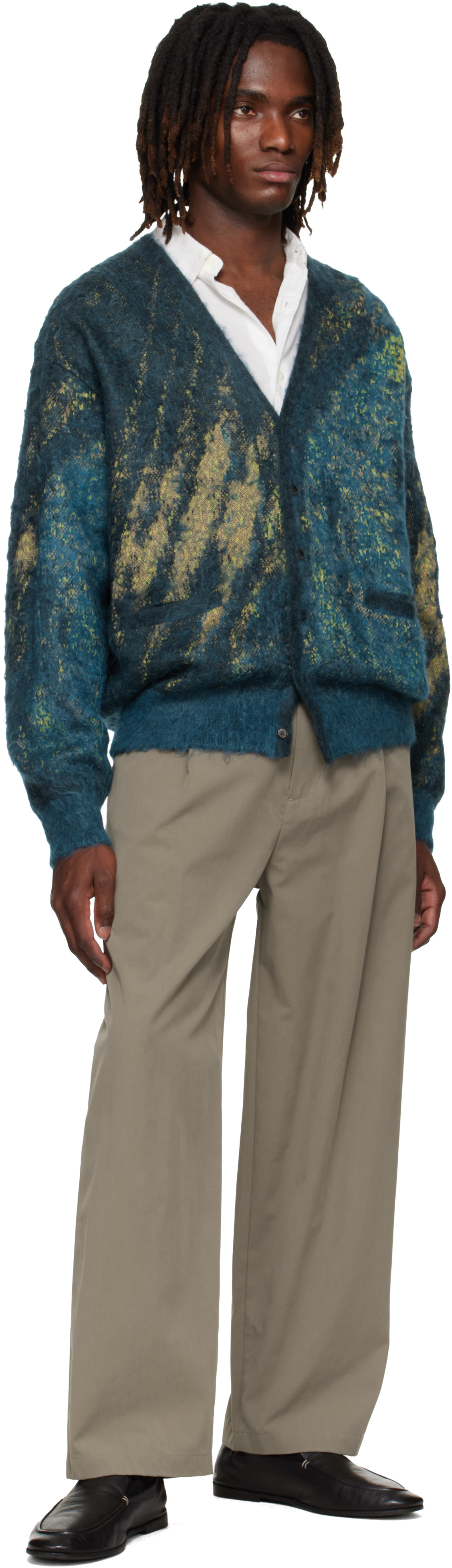 YOKE: Blue & Green Abstract Jacquard Mohair Cardigan | SSENSE