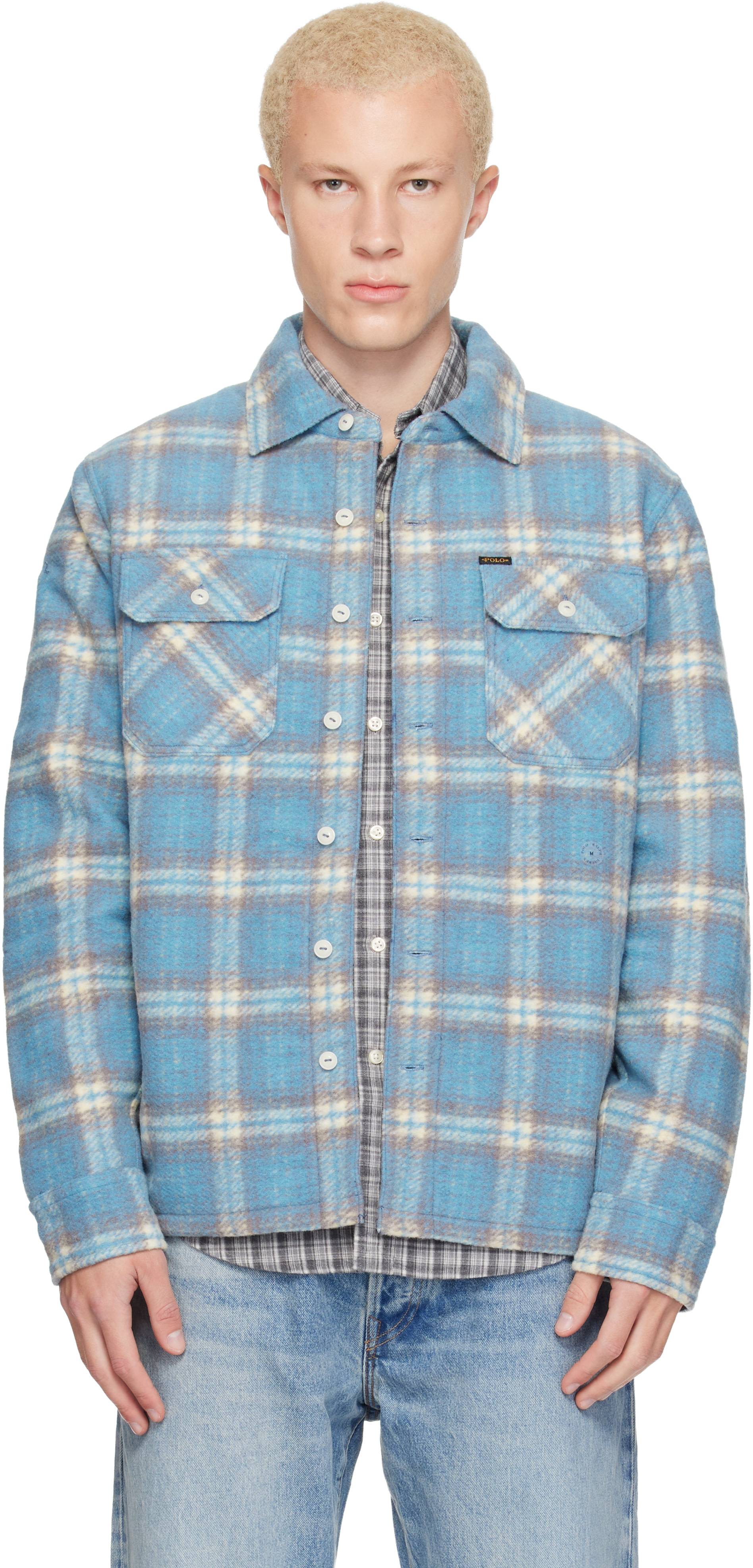 トップス Plaid Wool Overshirt Polo Ralph Lauren Polo Ralph Lauren: Blue Felted Wool Collared Overshirt | SSENSE