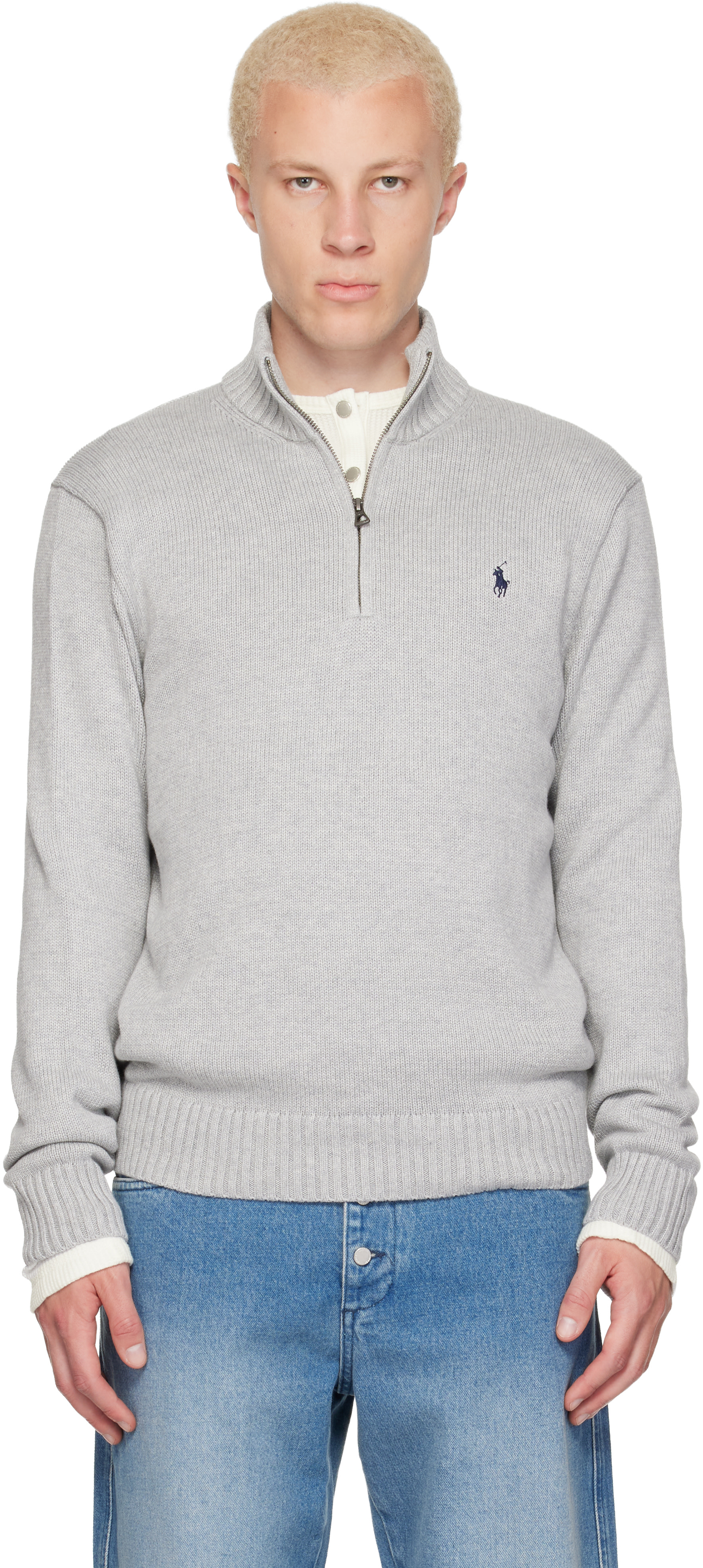 Polo Ralph Lauren: Gray Knit Embroidered Logo Sweater | SSENSE