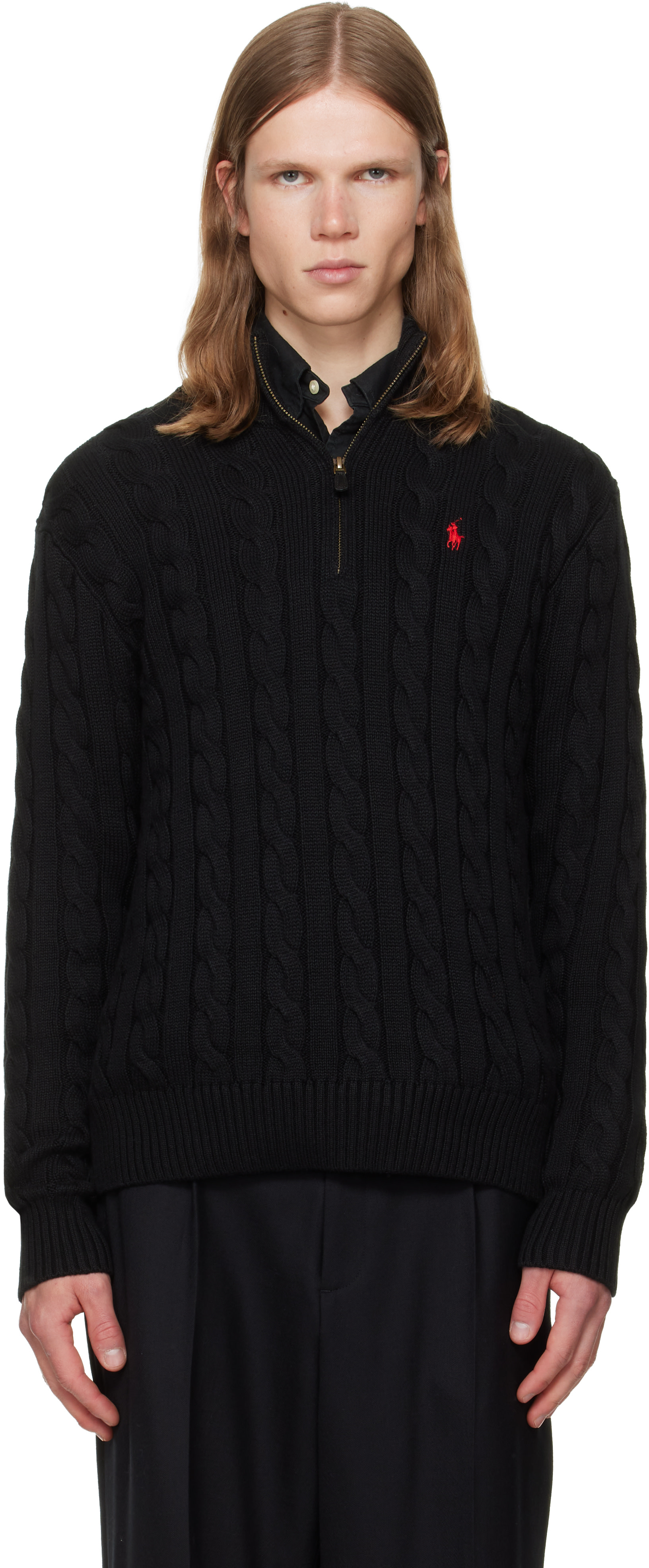 POLO RALPH LAUREN 未着 BLACK PIMAcottonニット Polo Ralph Lauren: Black Cable-Knit Cotton Quarter-Zip Sweater