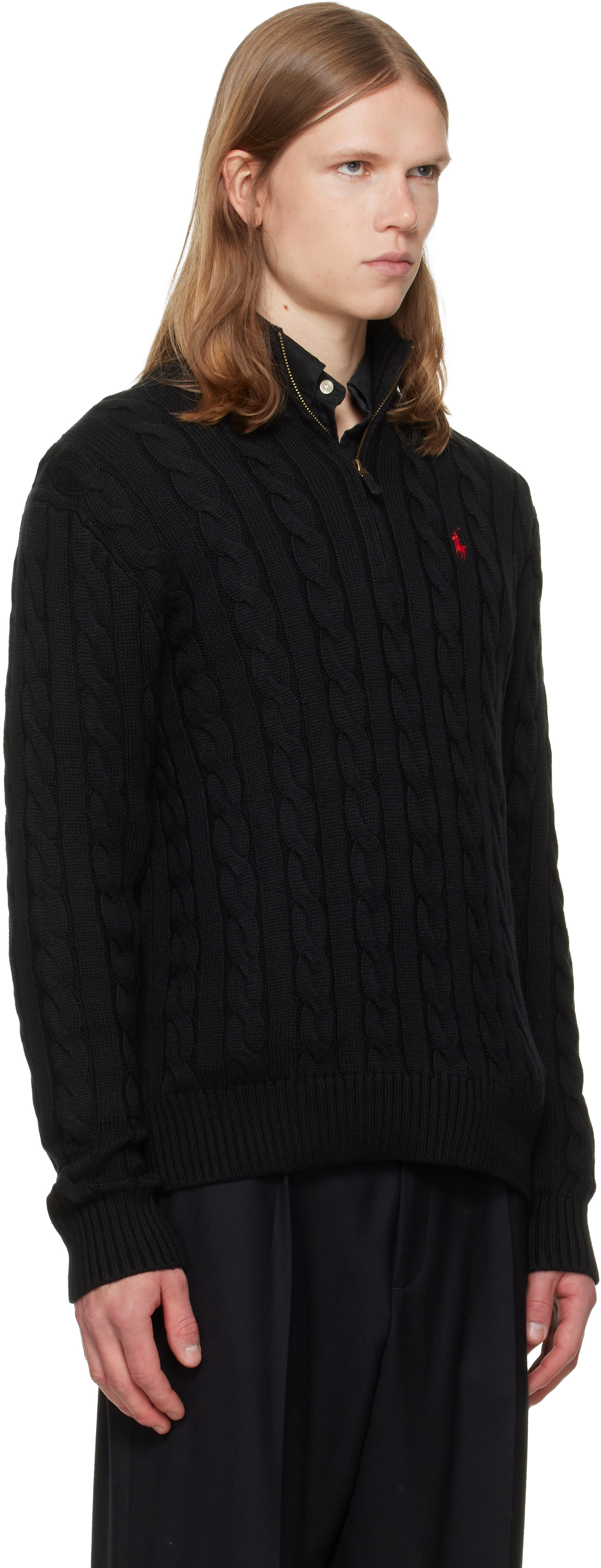Polo Ralph Lauren: ブラック ケーブルニット コットン ハーフジップ
