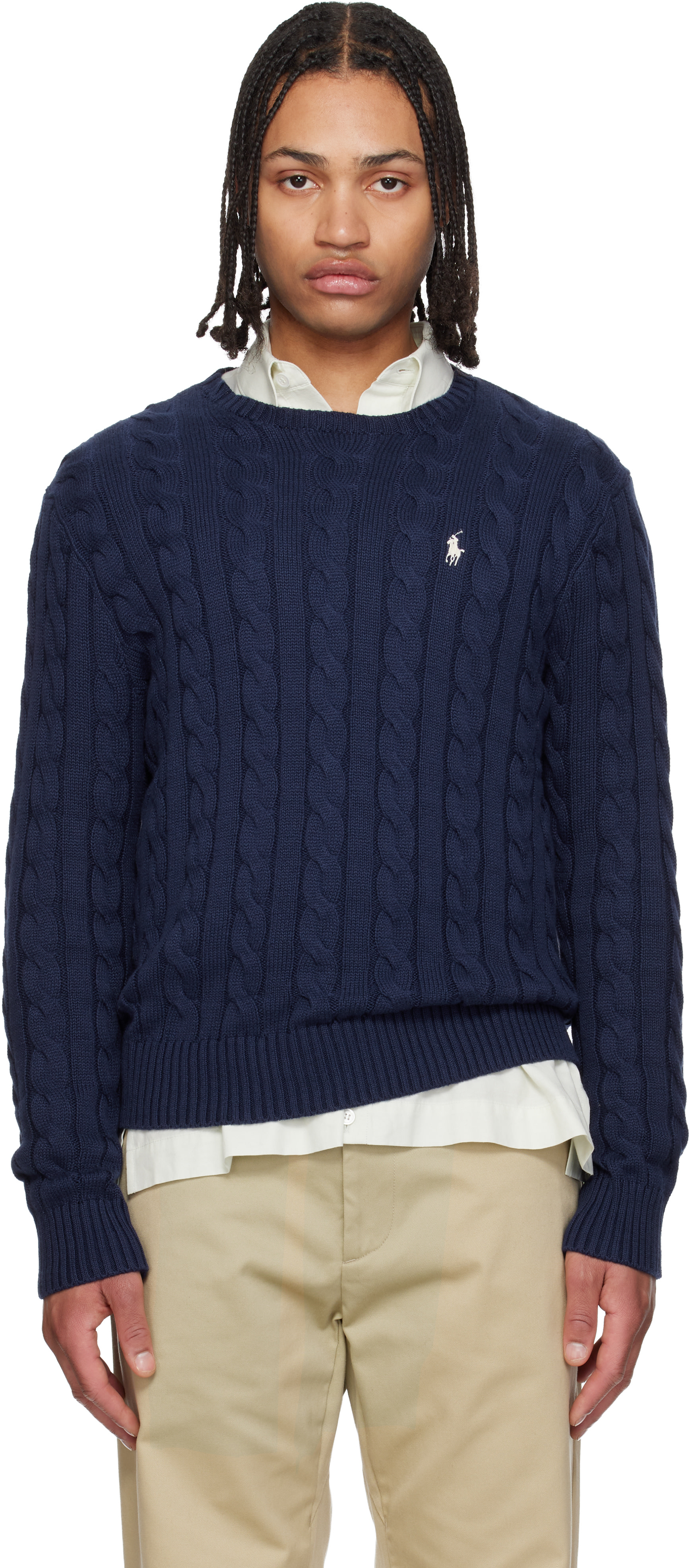 Polo Ralph Lauren: ネイビー ケーブルニット コットン セーター