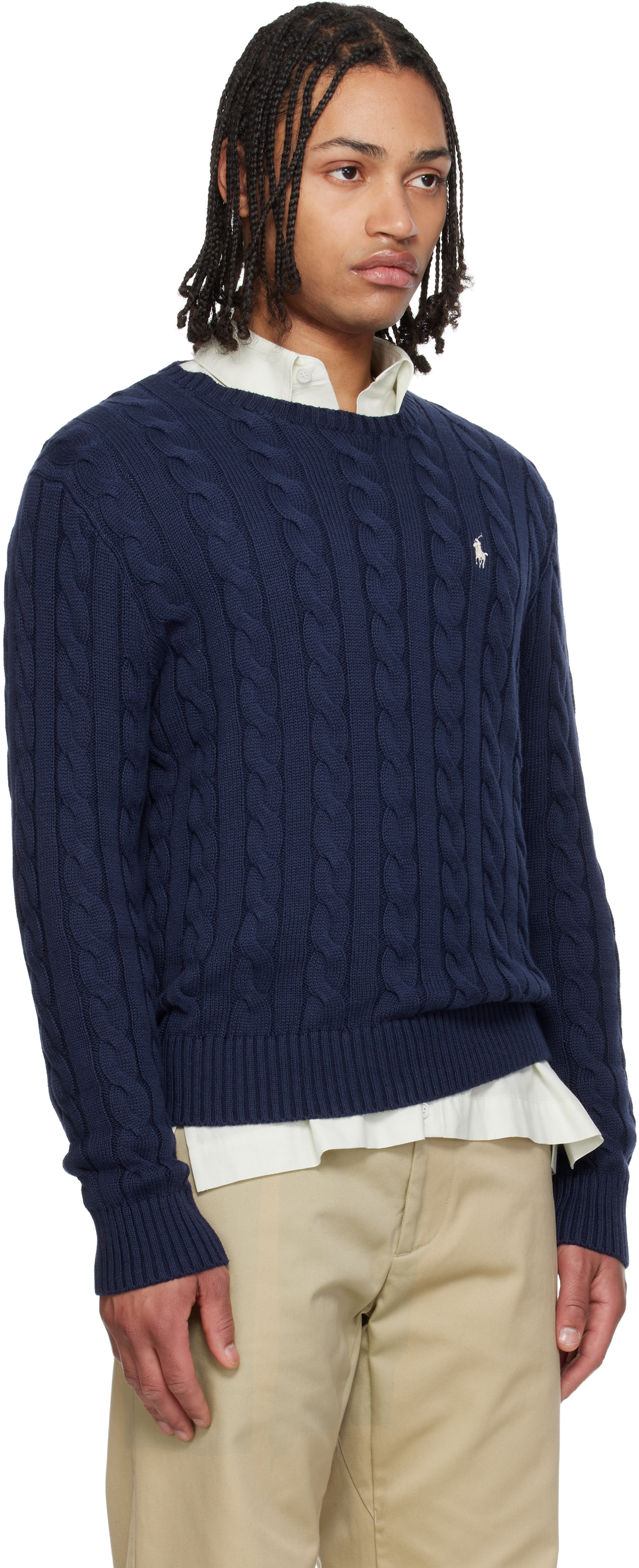 Polo Ralph Lauren: ネイビー ケーブルニット コットン セーター