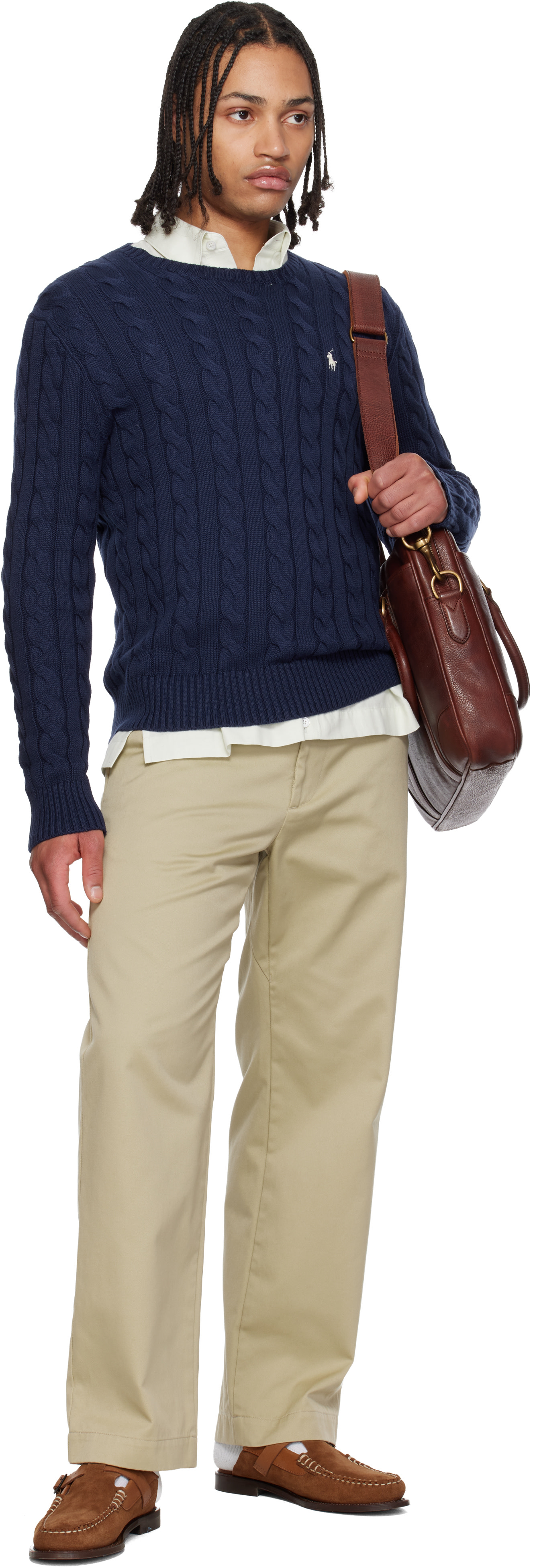 Polo Ralph Lauren: Navy Cable-Knit Cotton Sweater | SSENSE