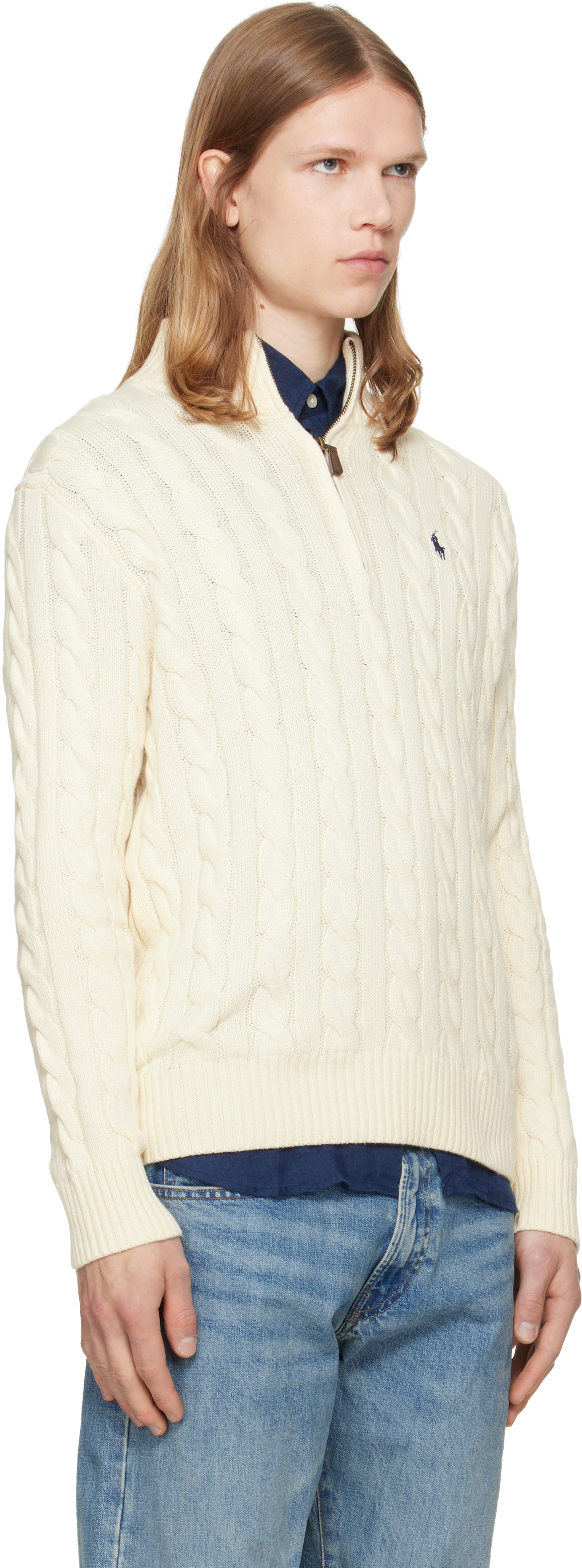 Polo Ralph Lauren: Off-White Cable-Knit Cotton Quarter-Zip Sweater