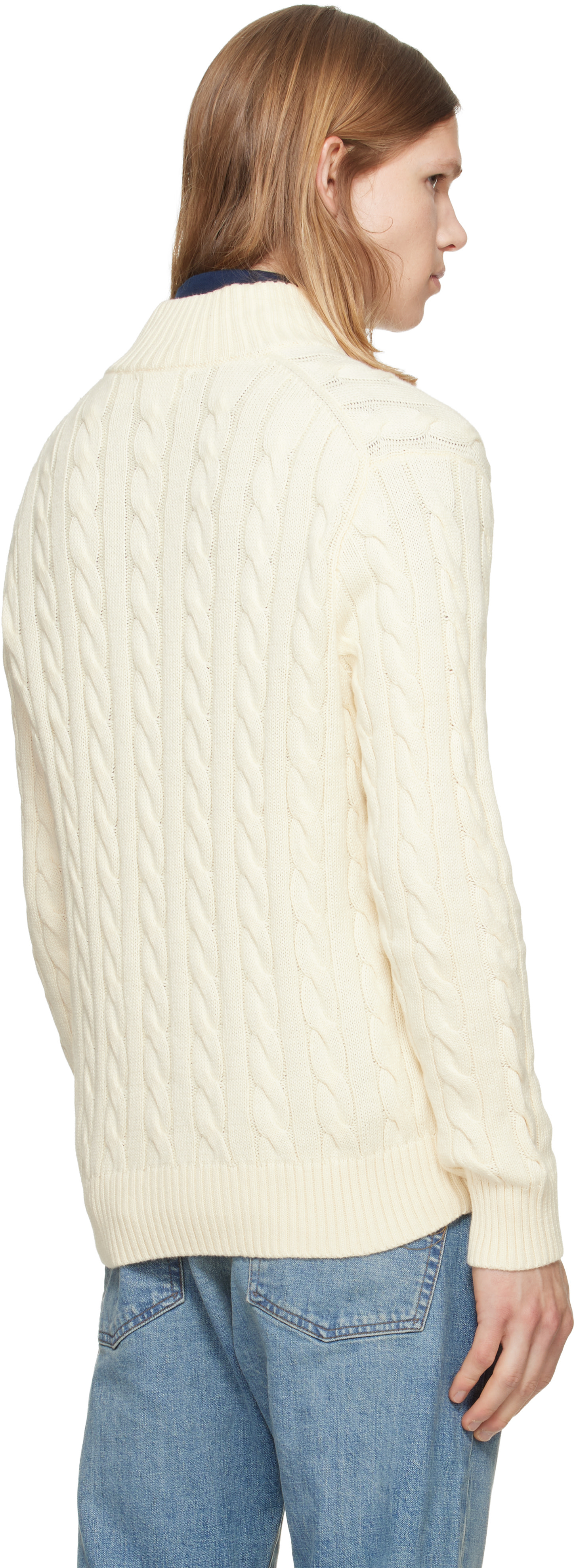 Polo by Ralph Lauren コットンニット オフホワイト Polo Ralph Lauren: Off-White Cable-Knit Cotton Quarter-Zip Sweater