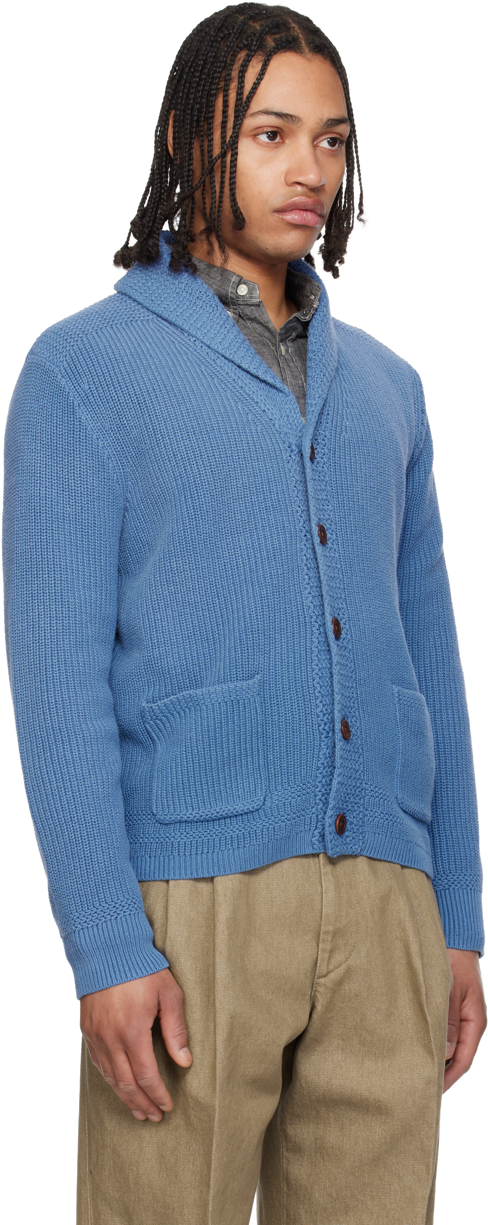 Polo Ralph Lauren: Blue Cotton Shawl-Collar Cardigan | SSENSE Canada