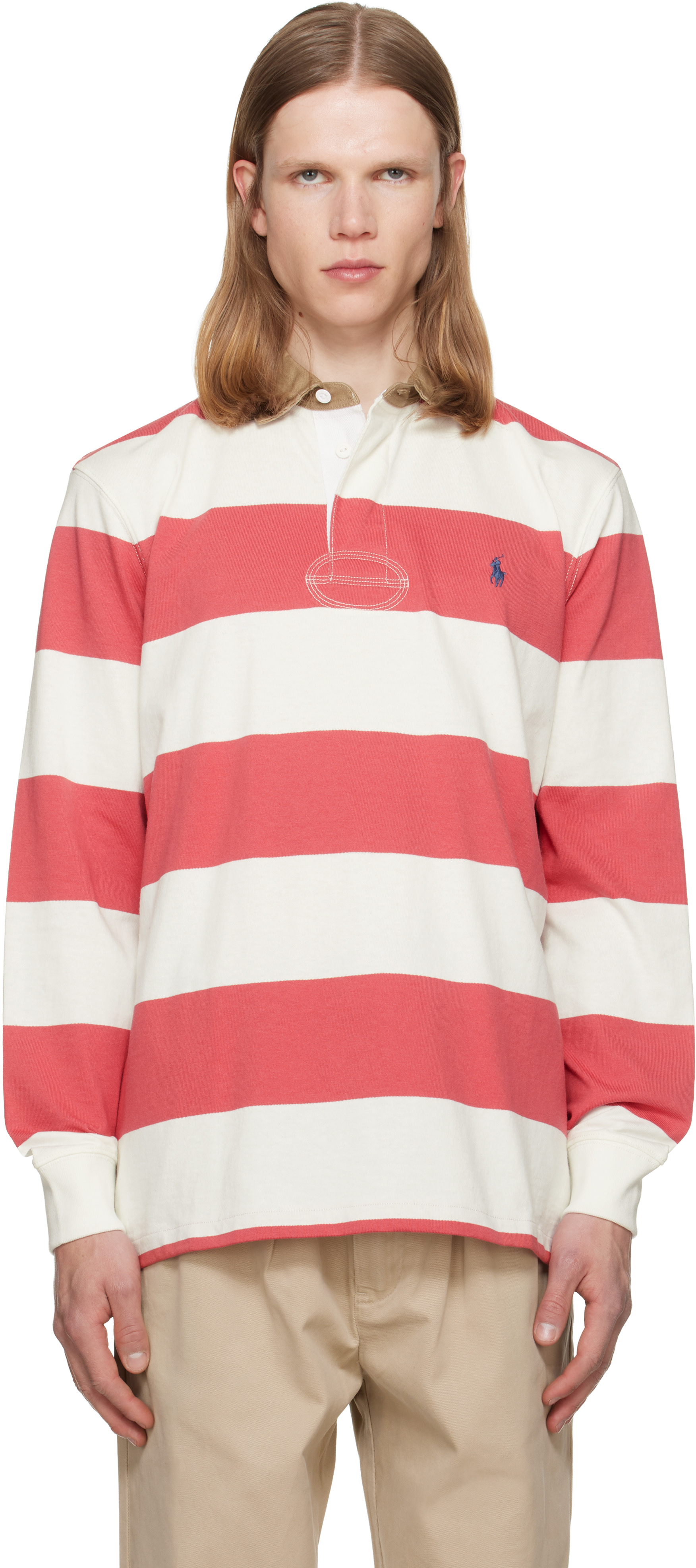 Polo Ralph Lauren: White & Pink Classic Fit Khaki-Collar Rugby