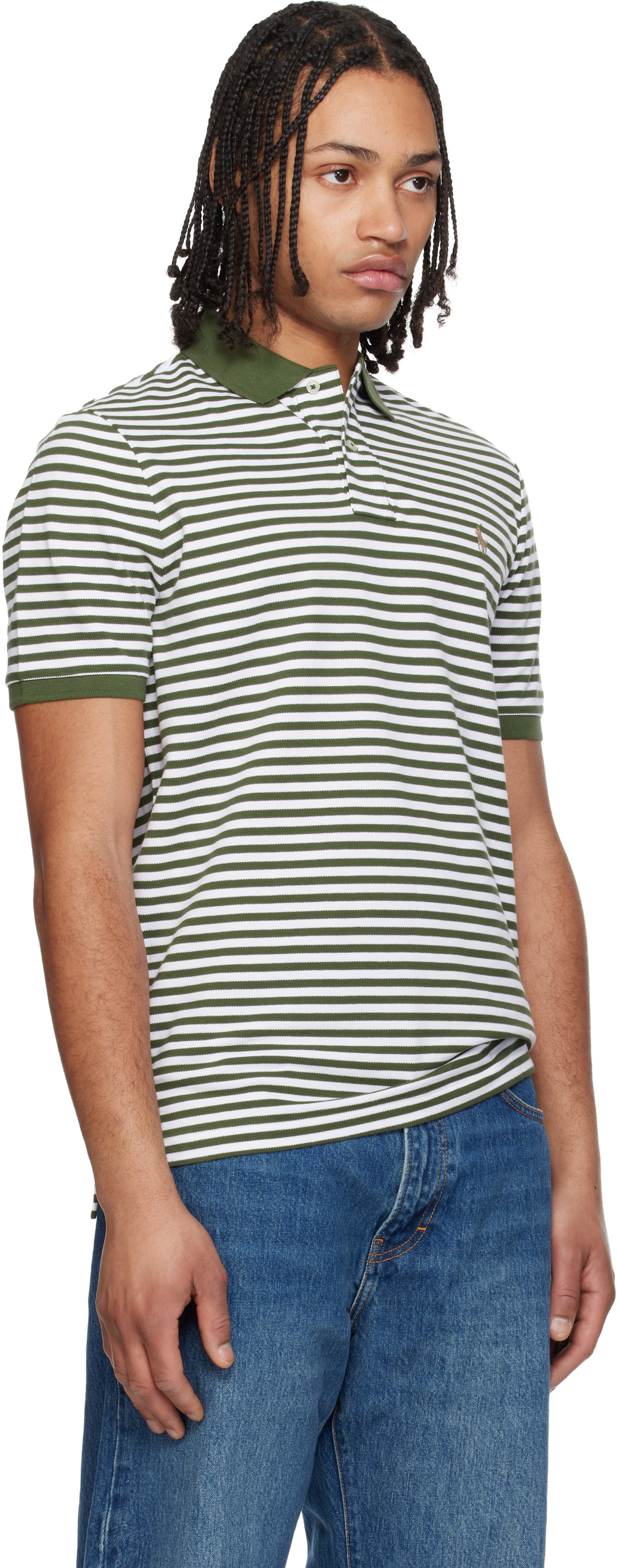 Polo Ralph Lauren: Khaki & White Classic Fit Striped Mesh Polo