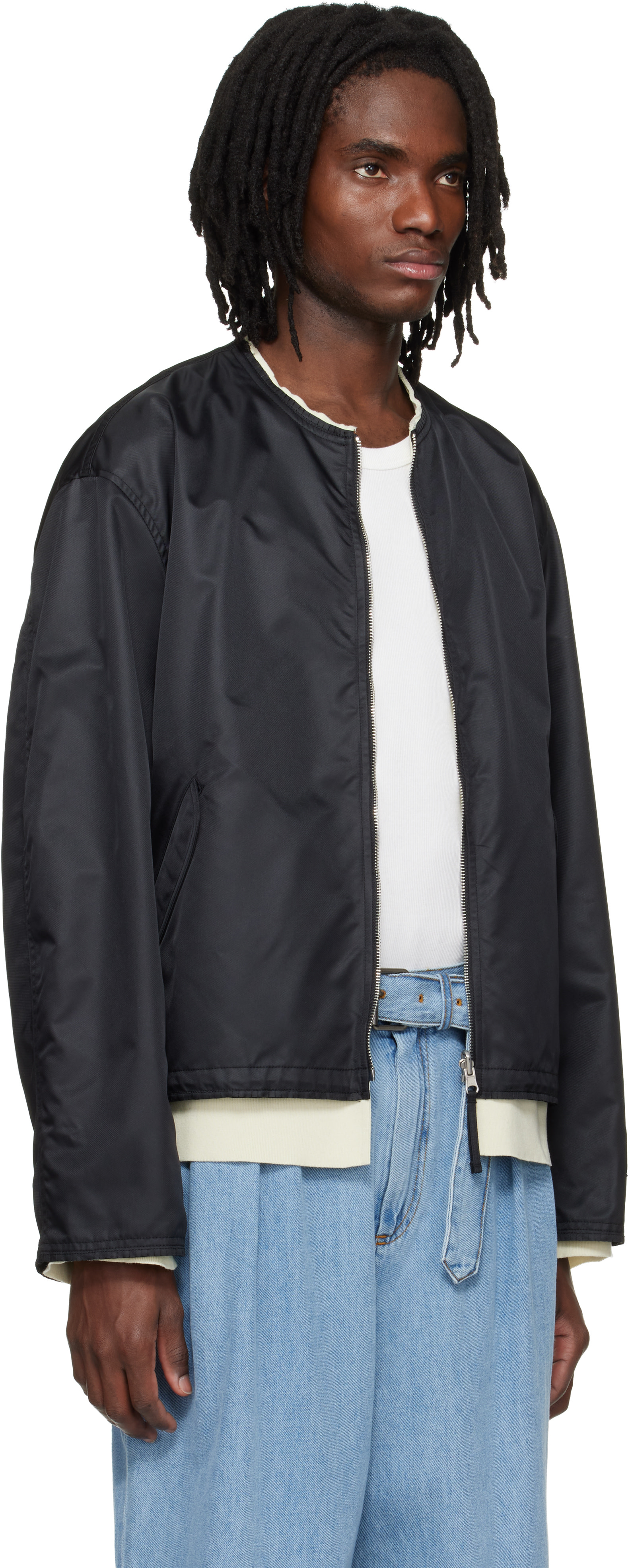 Solid Homme - Black Layered Collarless Reversible Bomber Jacket