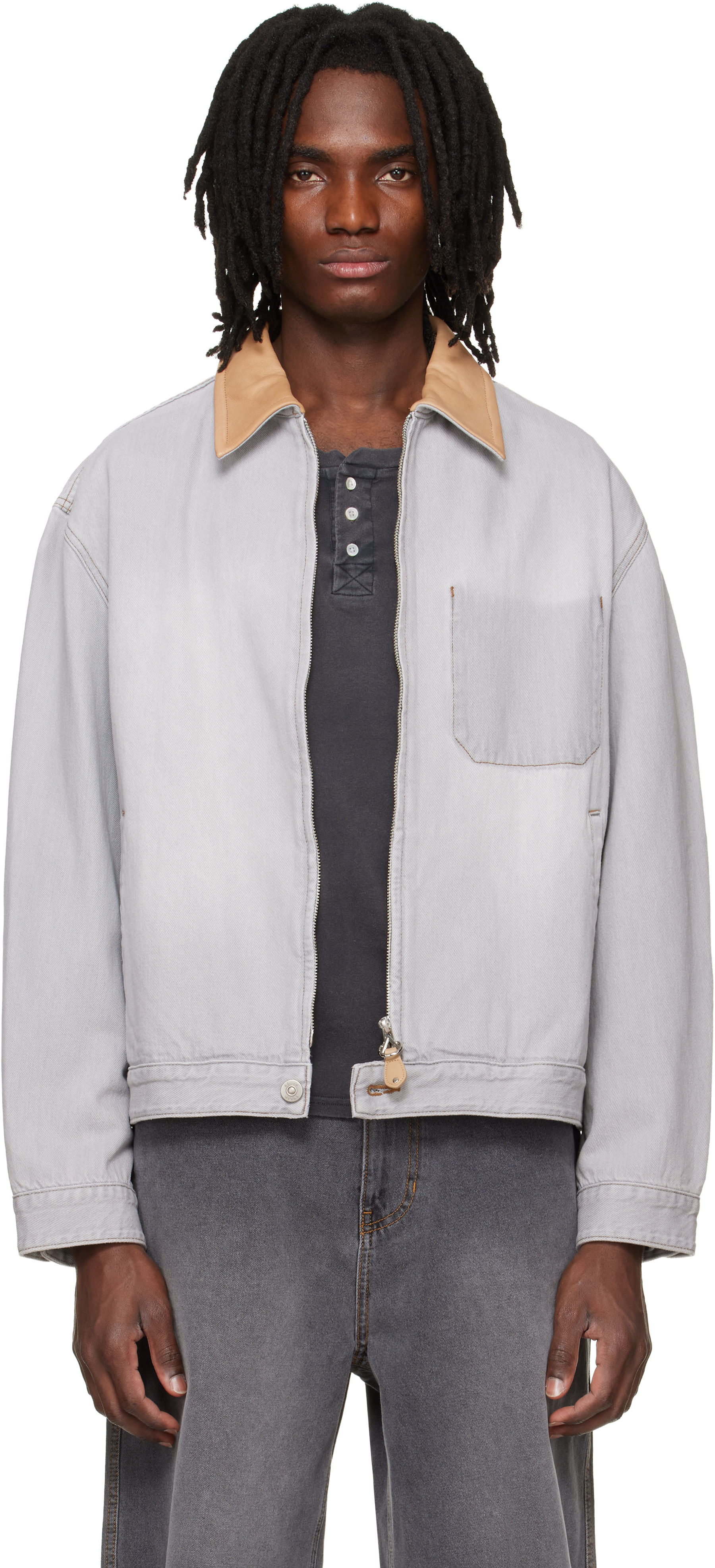 Solid Homme - Gray Leather Collared Denim Trucker Jacket