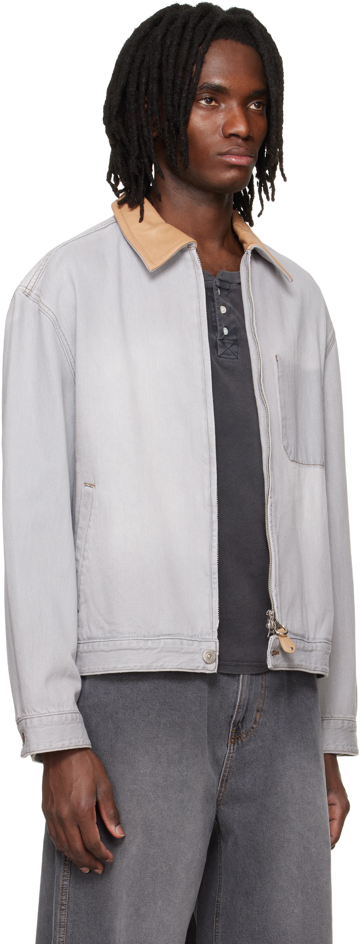 Solid Homme - Gray Leather Collared Denim Trucker Jacket