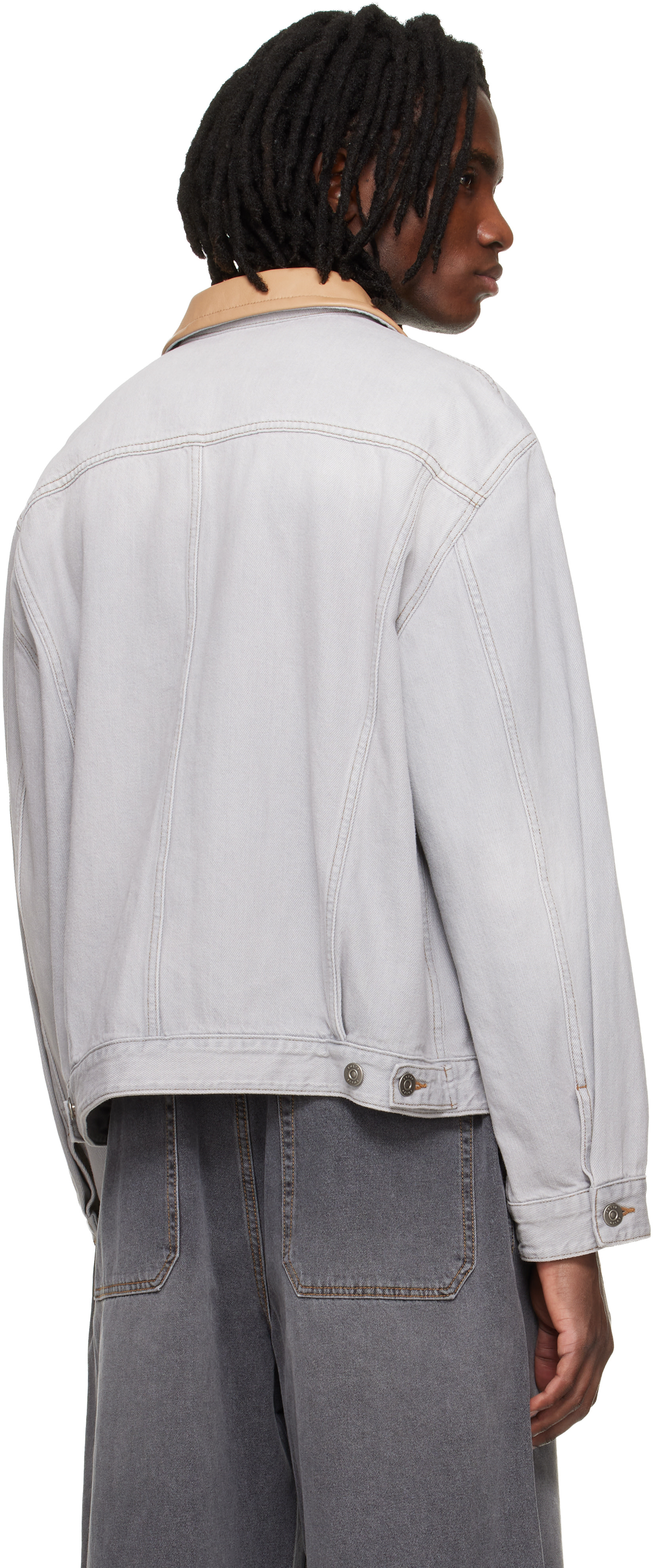Solid Homme - Gray Leather Collared Denim Trucker Jacket
