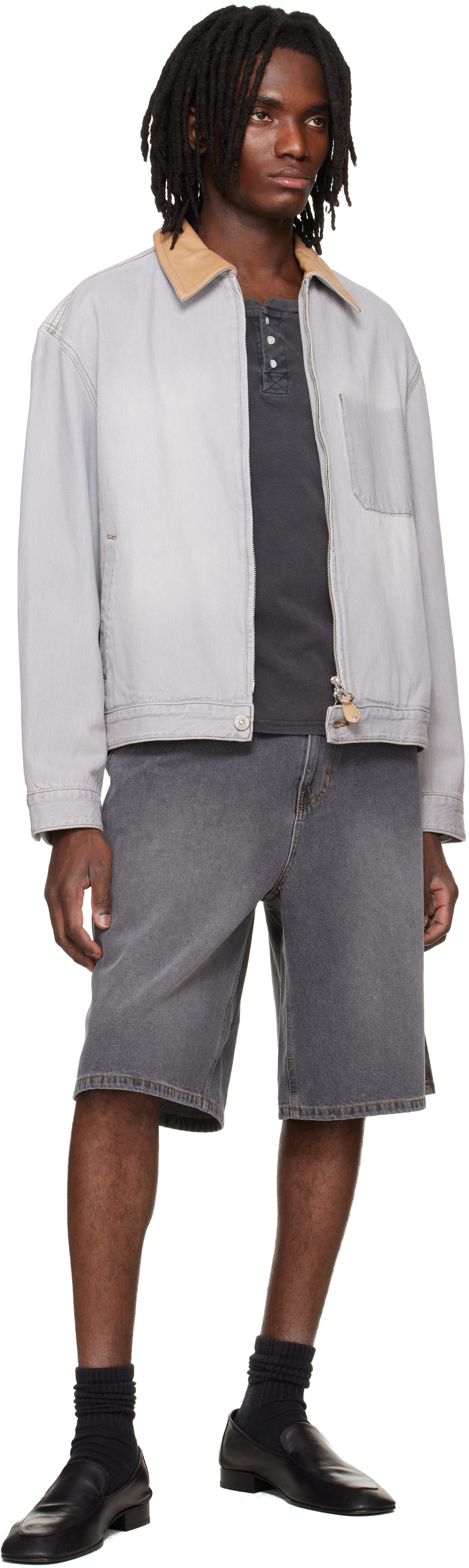 Solid Homme - Gray Leather Collared Denim Trucker Jacket