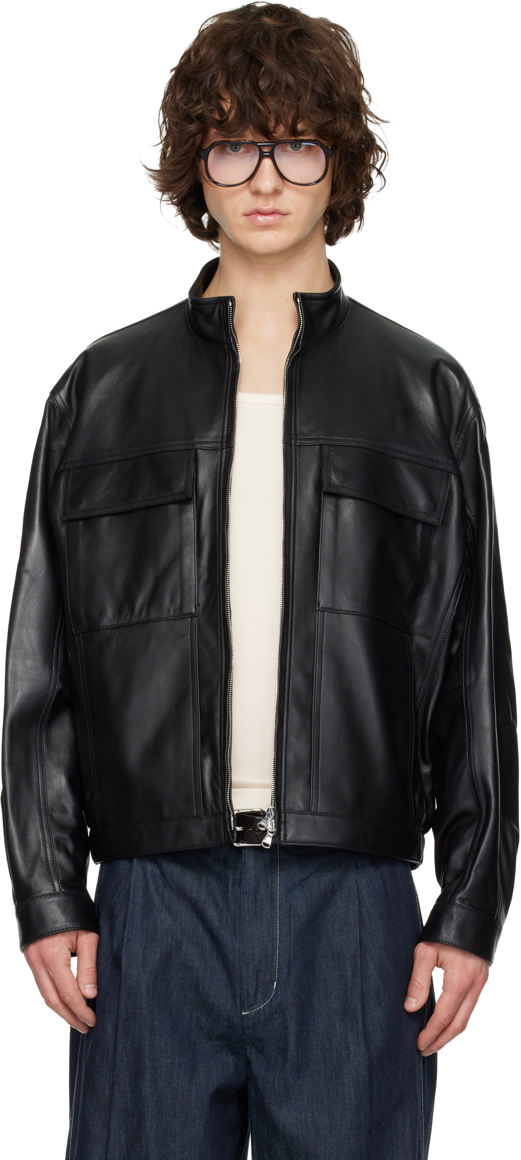 Solid Homme: Black High-Neck Two-Pocket Leather Jacket | SSENSE