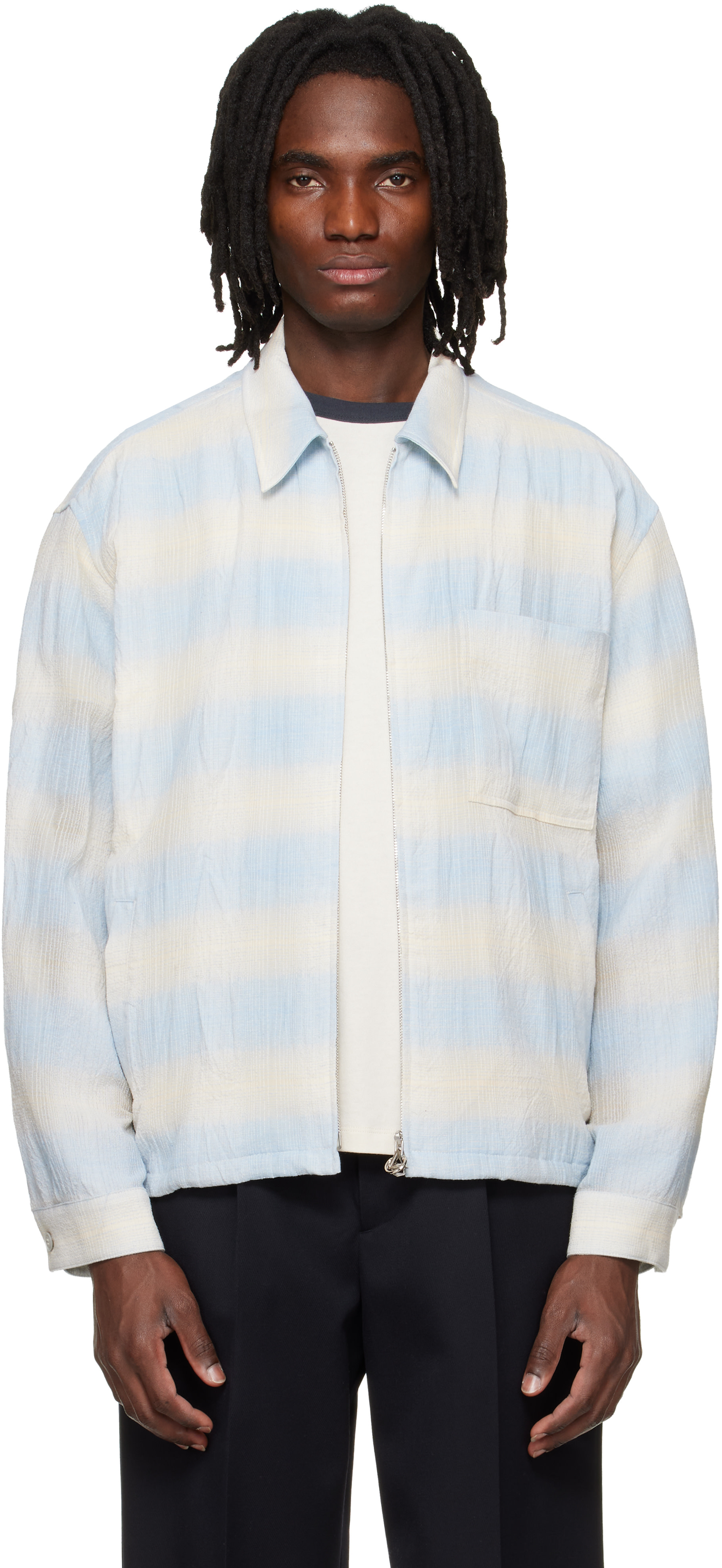 Solid Homme - ブルー＆ベージュ Striped ジップアップ シャツ