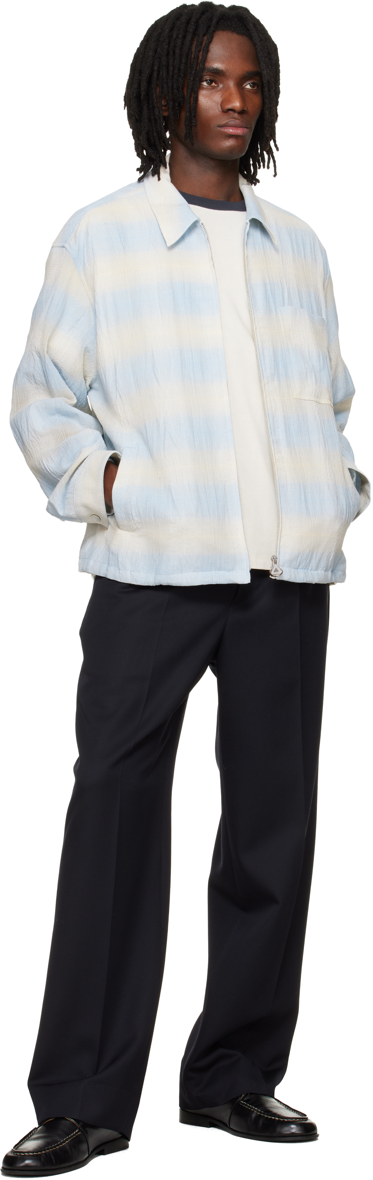 Solid Homme - ブルー＆ベージュ Striped ジップアップ シャツ