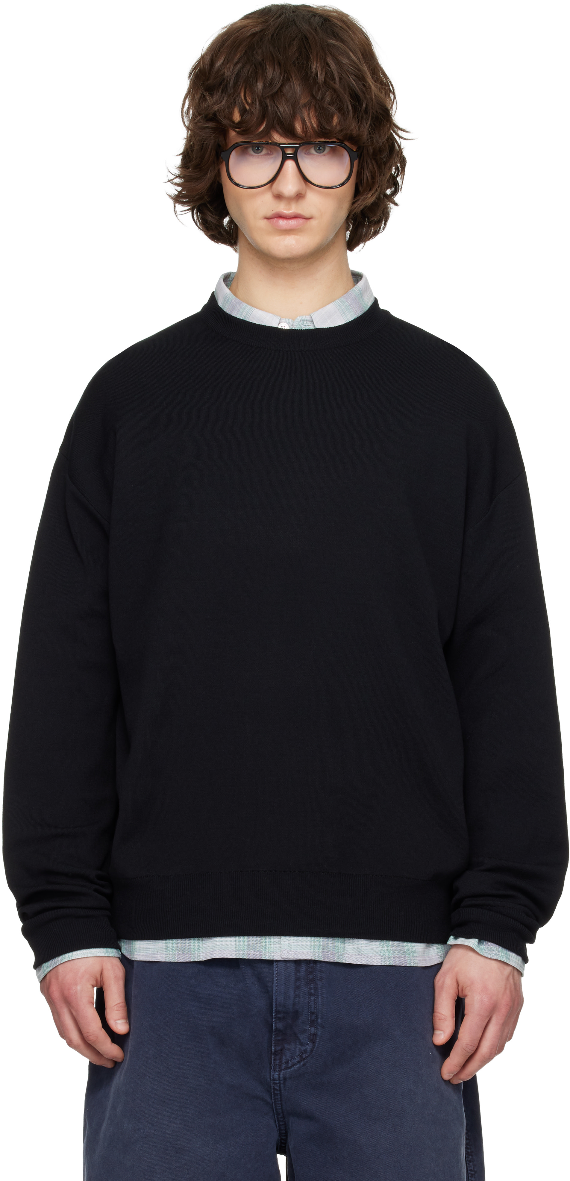 Solid Homme: ブラック Sweat ラウンドネック ニット セーター