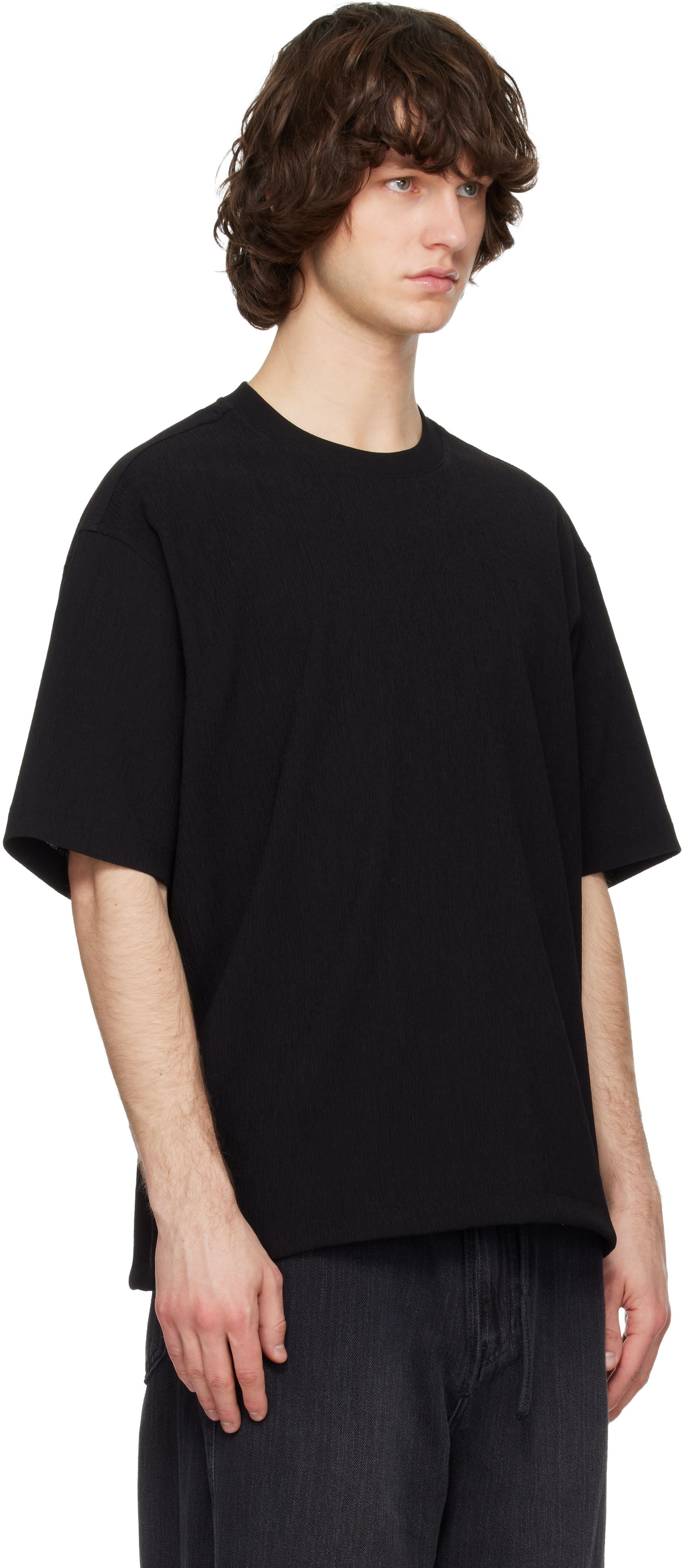 Solid Homme: Black Crinkle Round Neck Short Sleeve T-shirt | SSENSE