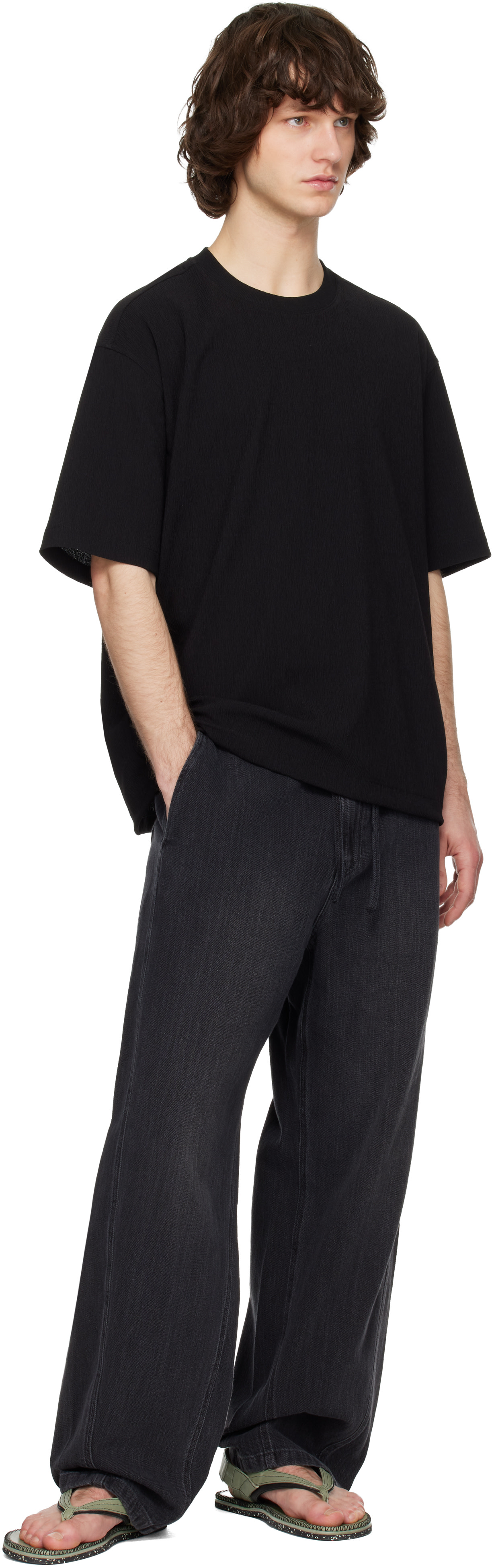 Solid Homme: Black Crinkle Round Neck Short Sleeve T-shirt | SSENSE