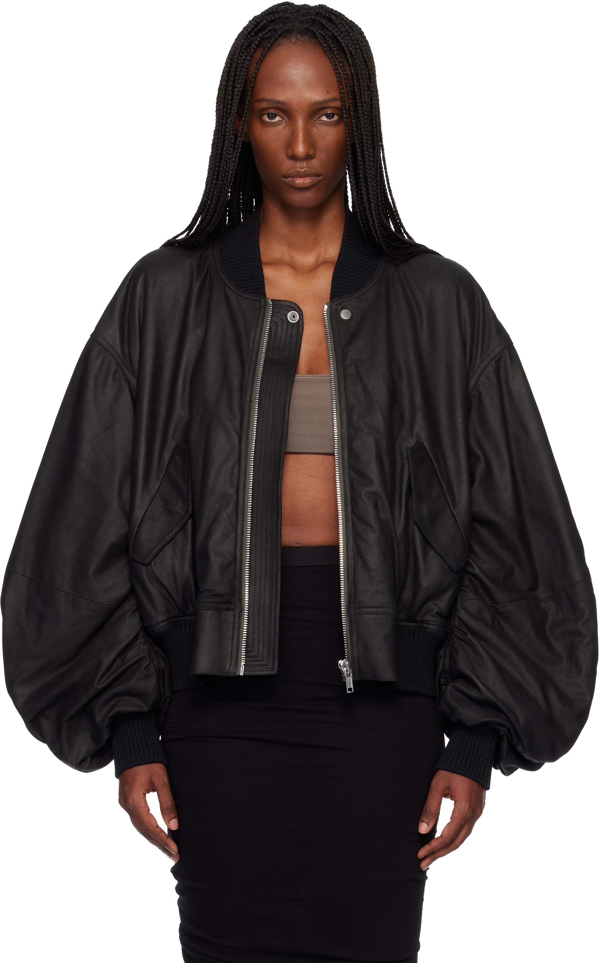 Rick Owens: Black Temple Secchia Flight Leather Jacket | SSENSE