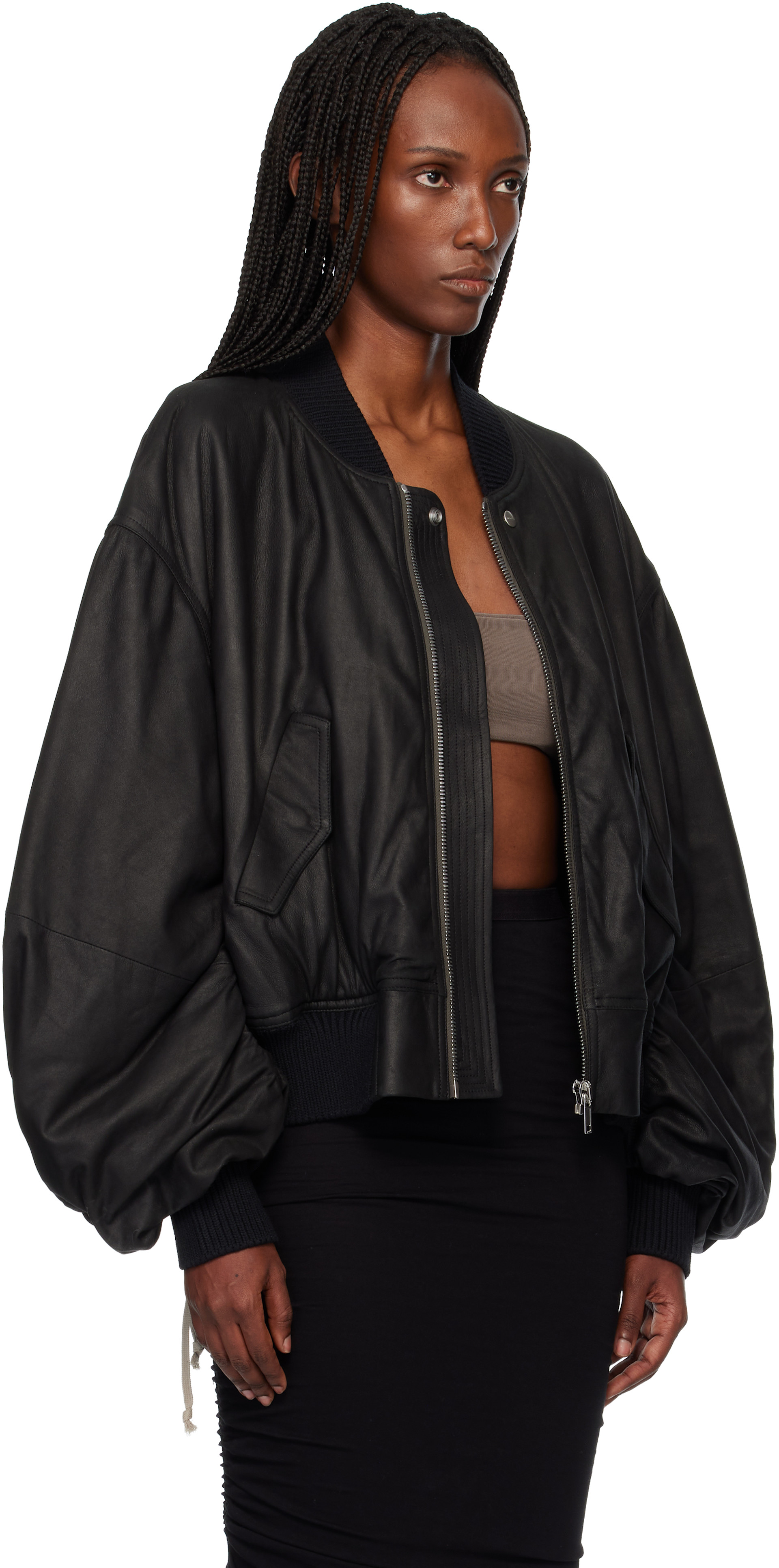 Rick Owens: Black Temple Secchia Flight Leather Jacket | SSENSE