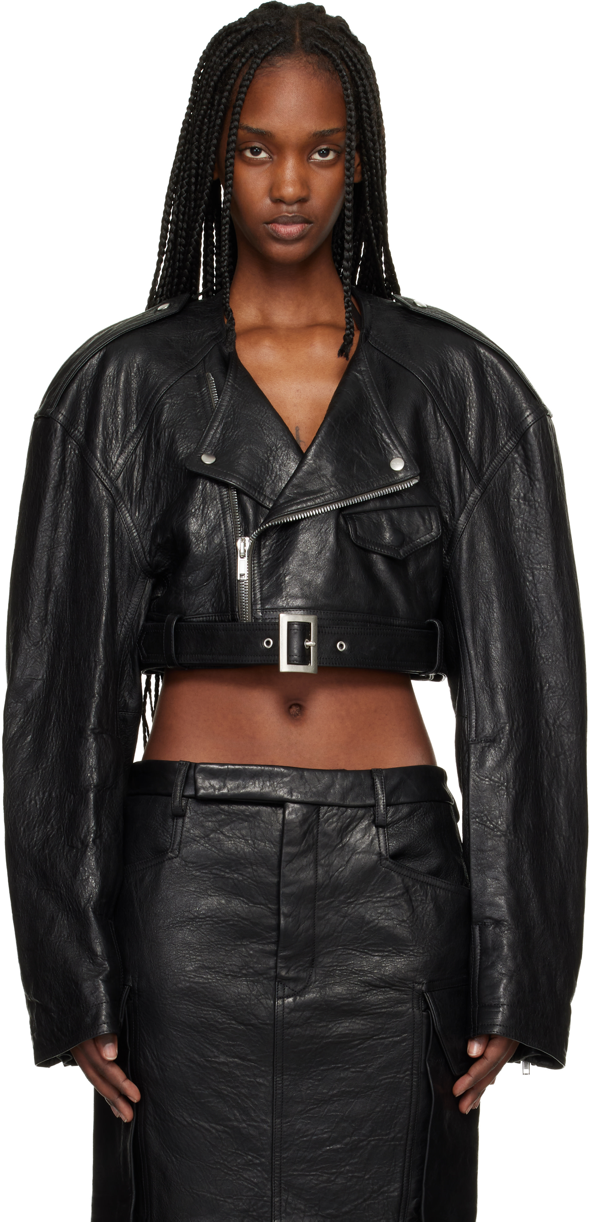 Rick Owens: Black Temple Micro Leather Biker Jacket | SSENSE