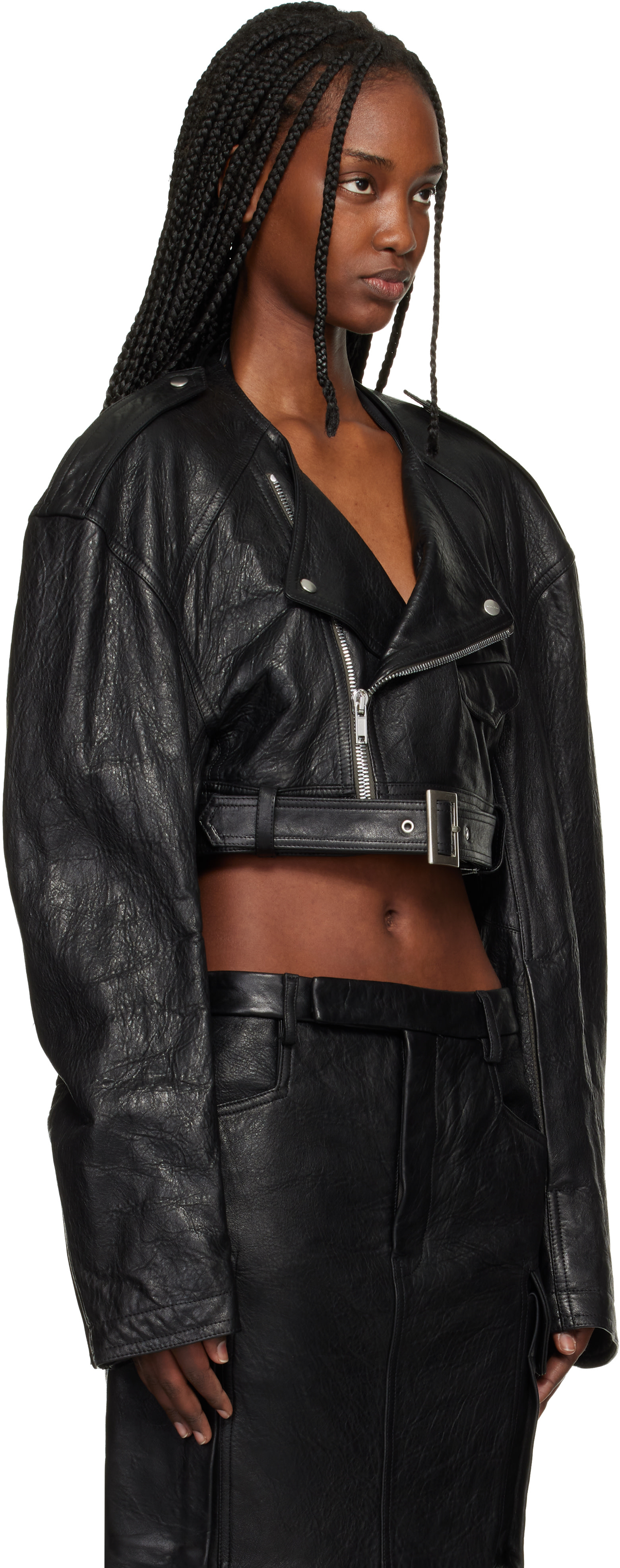 Rick Owens: Black Temple Micro Leather Biker Jacket | SSENSE