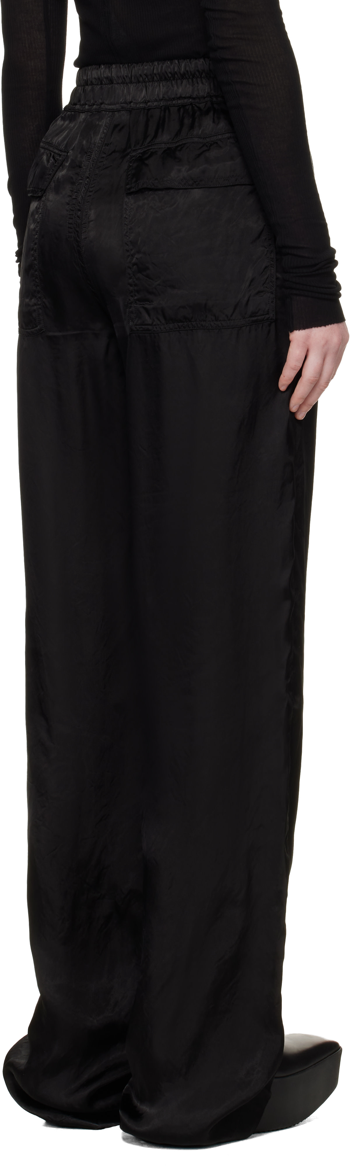 Rick Owens ブラック サテン ラウンジパンツ サイズ 50 Rick Owens: Black Temple Dietrich Drawstring Lounge Pants | SSENSE