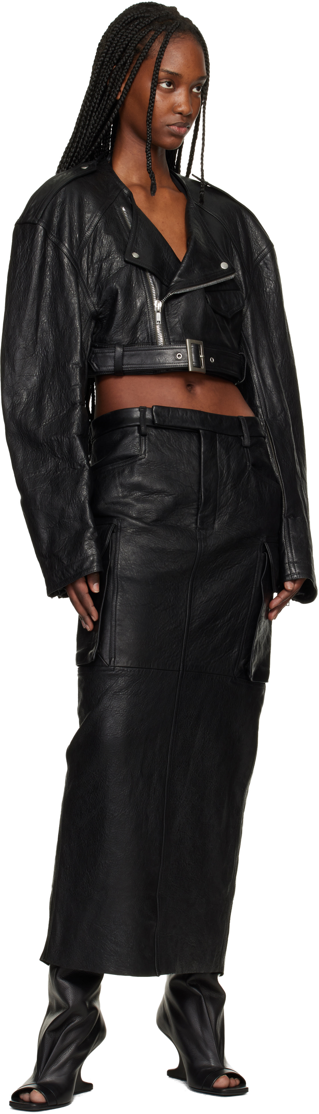 Rick Owens: Black Temple Firbanks Leather Midi Skirt | SSENSE