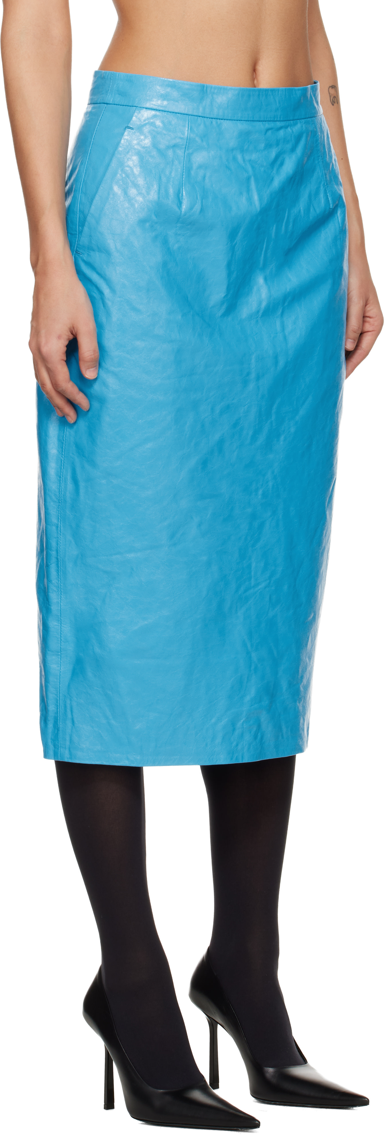 WILLY CHAVARRIA: Blue Tubo Leather Midi Skirt | SSENSE Germany