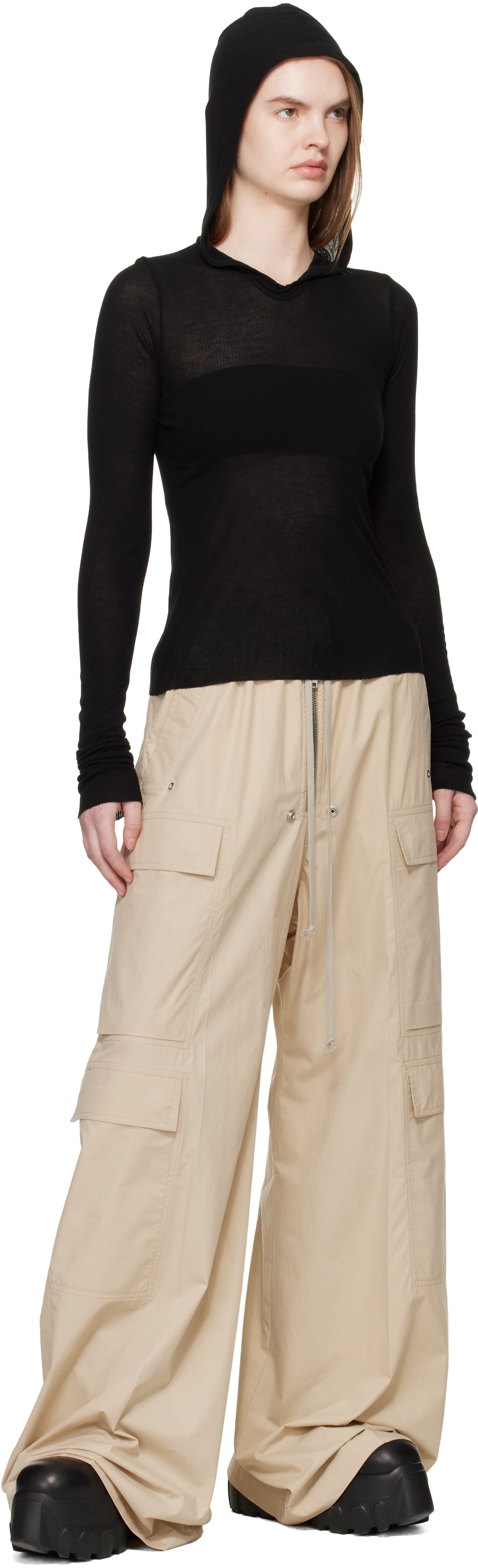 Rick Owens: Black Temple Cropped Rib LS Hoodie | SSENSE