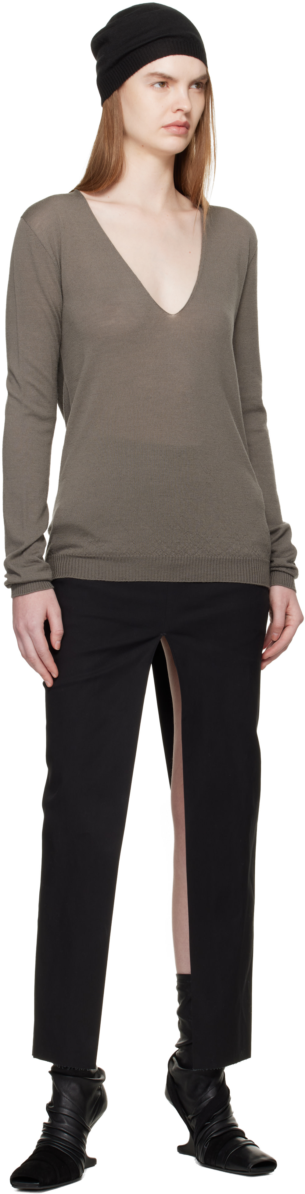 Rick Owens - Pull gris à col en V - Temple