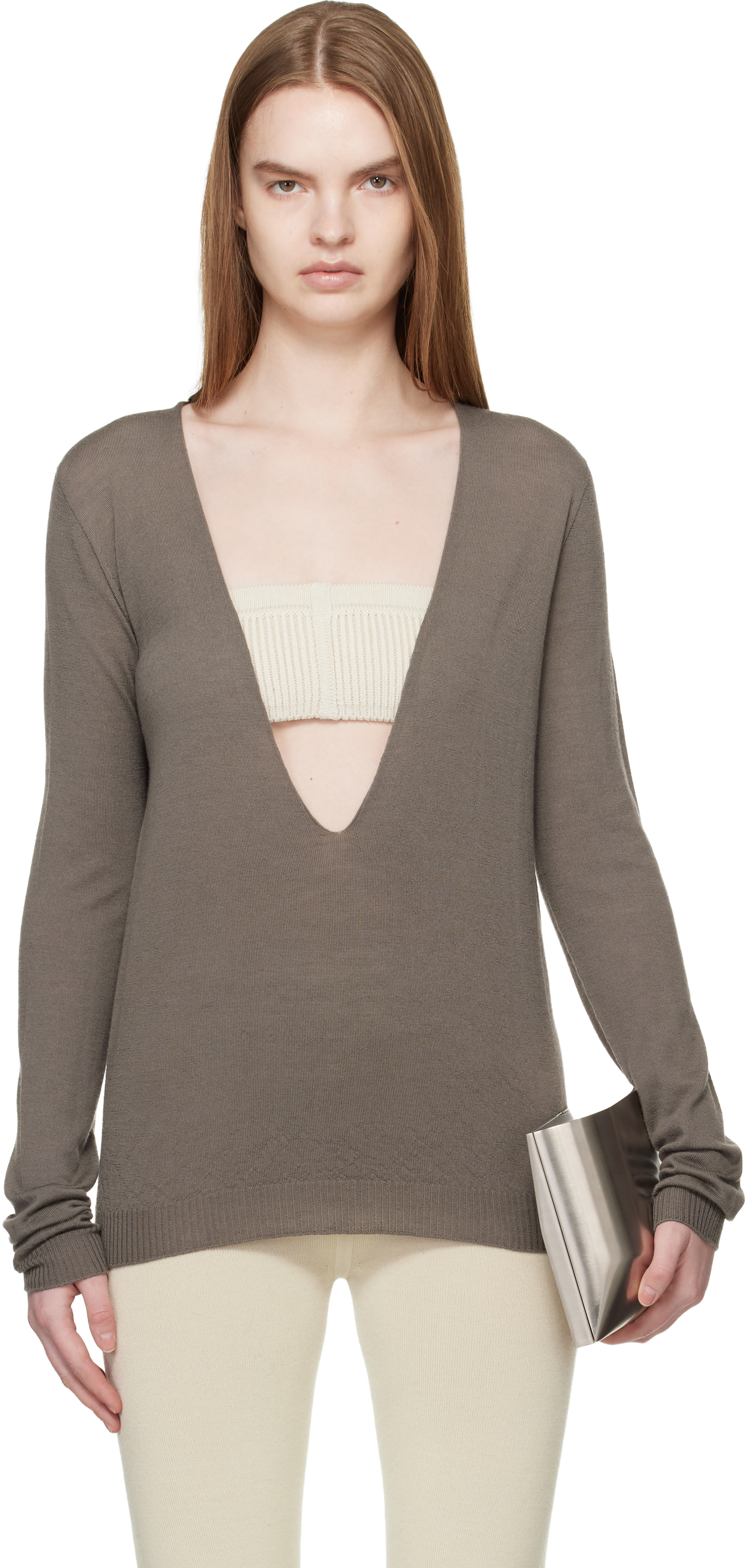 Rick Owens - Pull gris à col en V plongeant - Temple