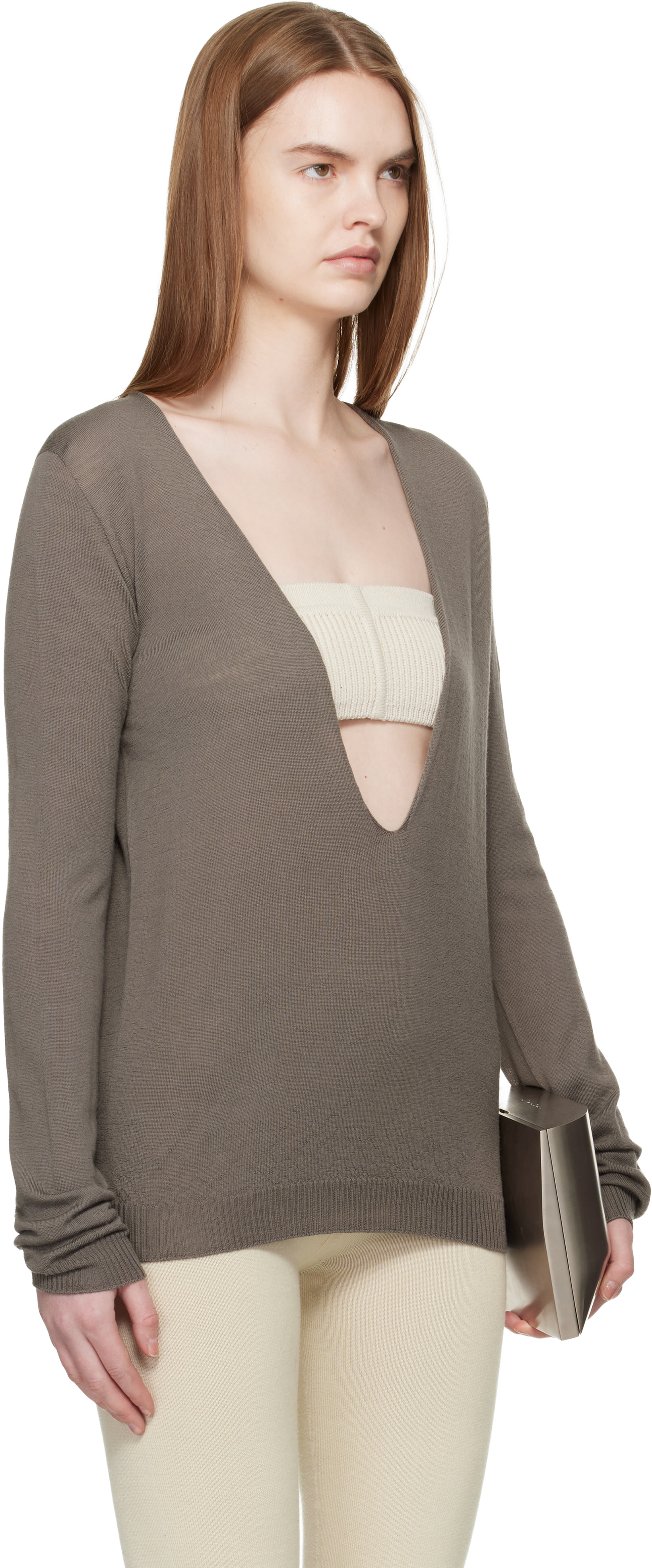 Rick Owens - Pull gris à col en V plongeant - Temple