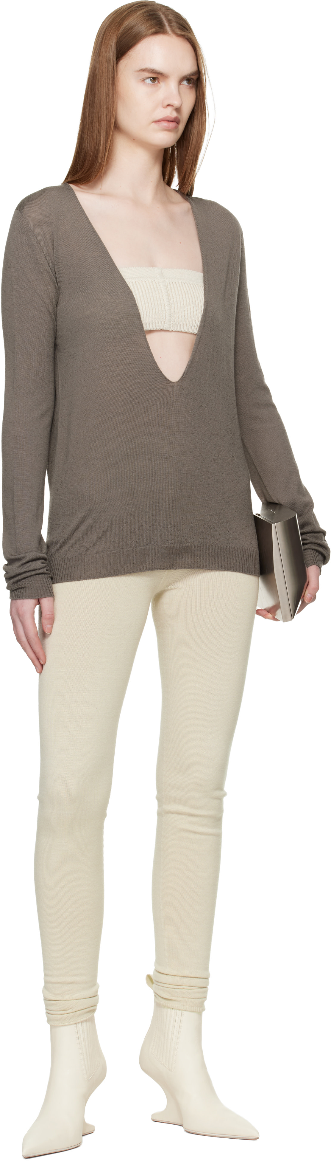 Rick Owens - Pull gris à col en V plongeant - Temple