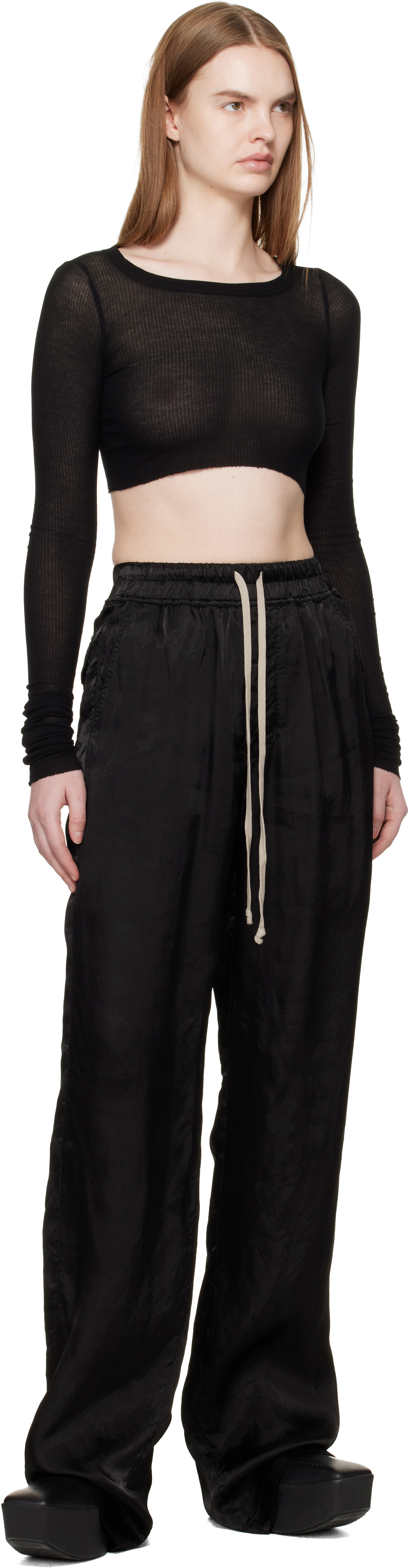Rick Owens: Black Temple LS Crop T-shirt | SSENSE