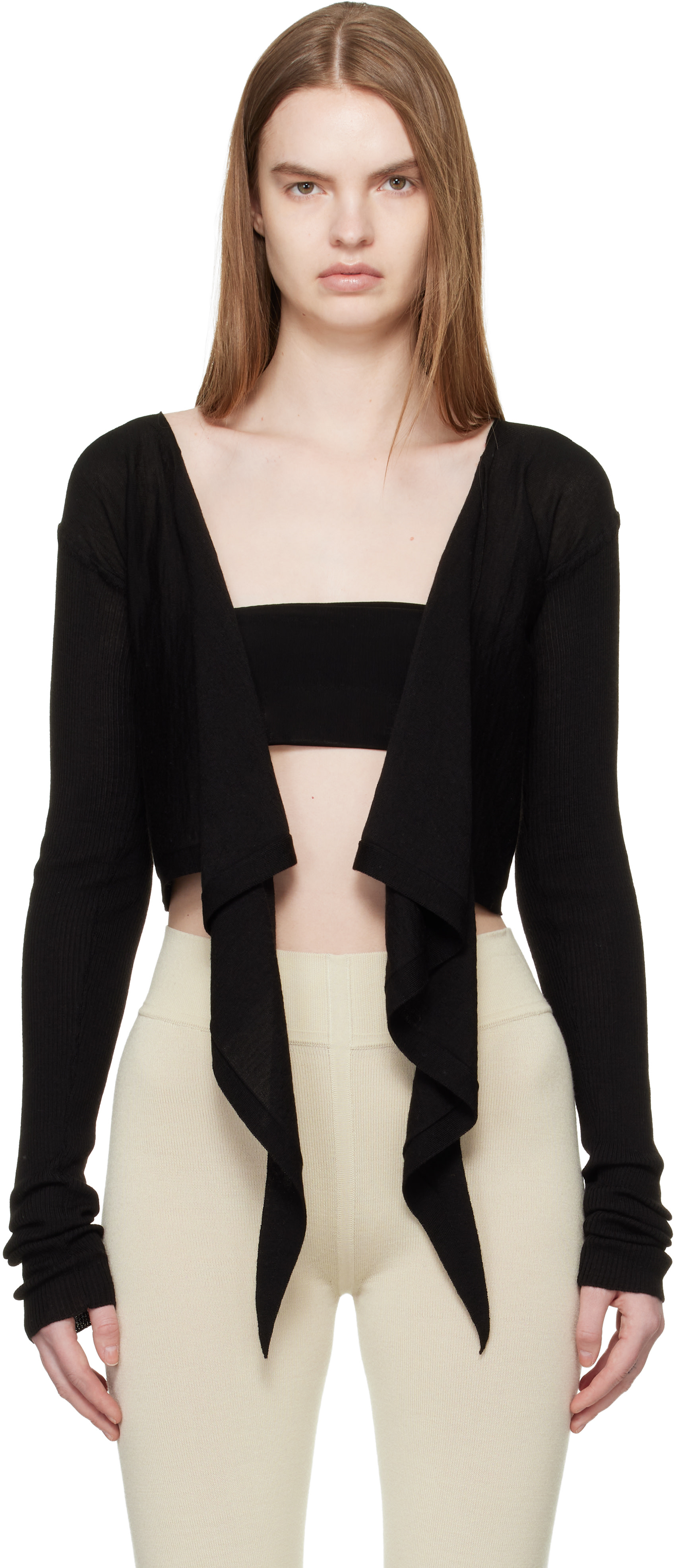Rick Owens ブラック ドレープ長袖トップス XS Rick Owens: Black Temple Crop Wrap Top | SSENSE