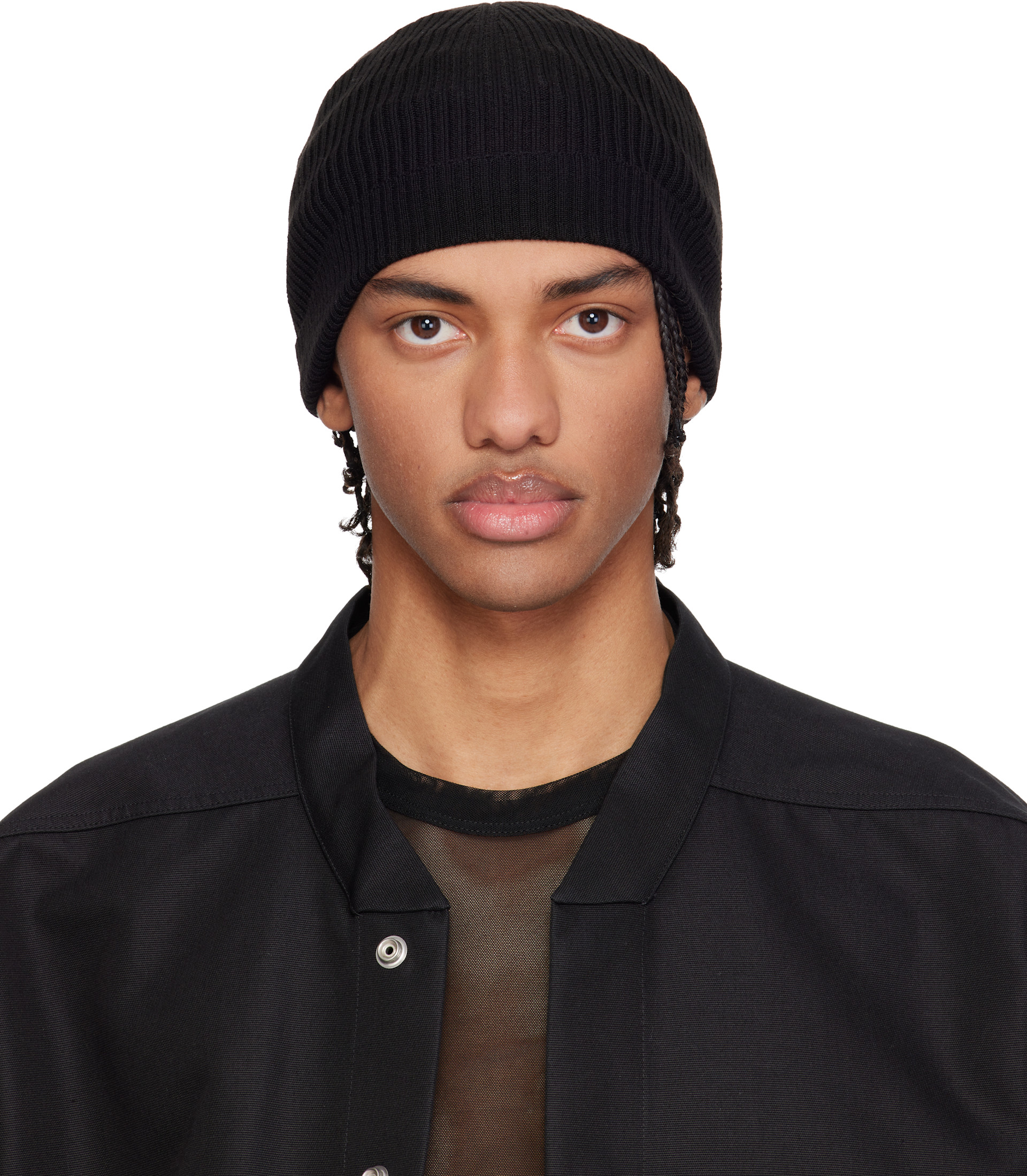 RICK OWENS ブラック ロールドビーニー Rick Owens: Black Temple Ribbed Beanie | SSENSE