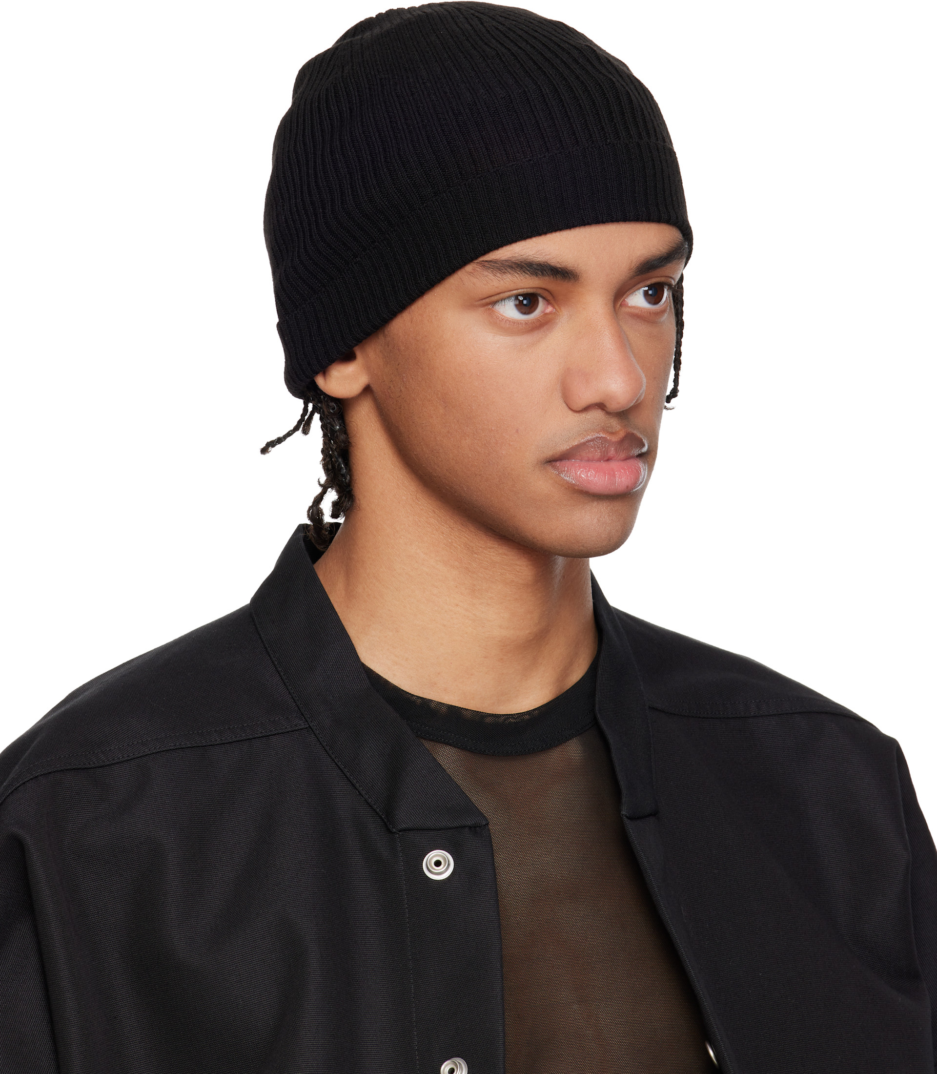 RICK OWENS リックオウエンス　ニット帽　ビニー Rick Owens: ブラック Temple リブ ビーニー | SSENSE 日本