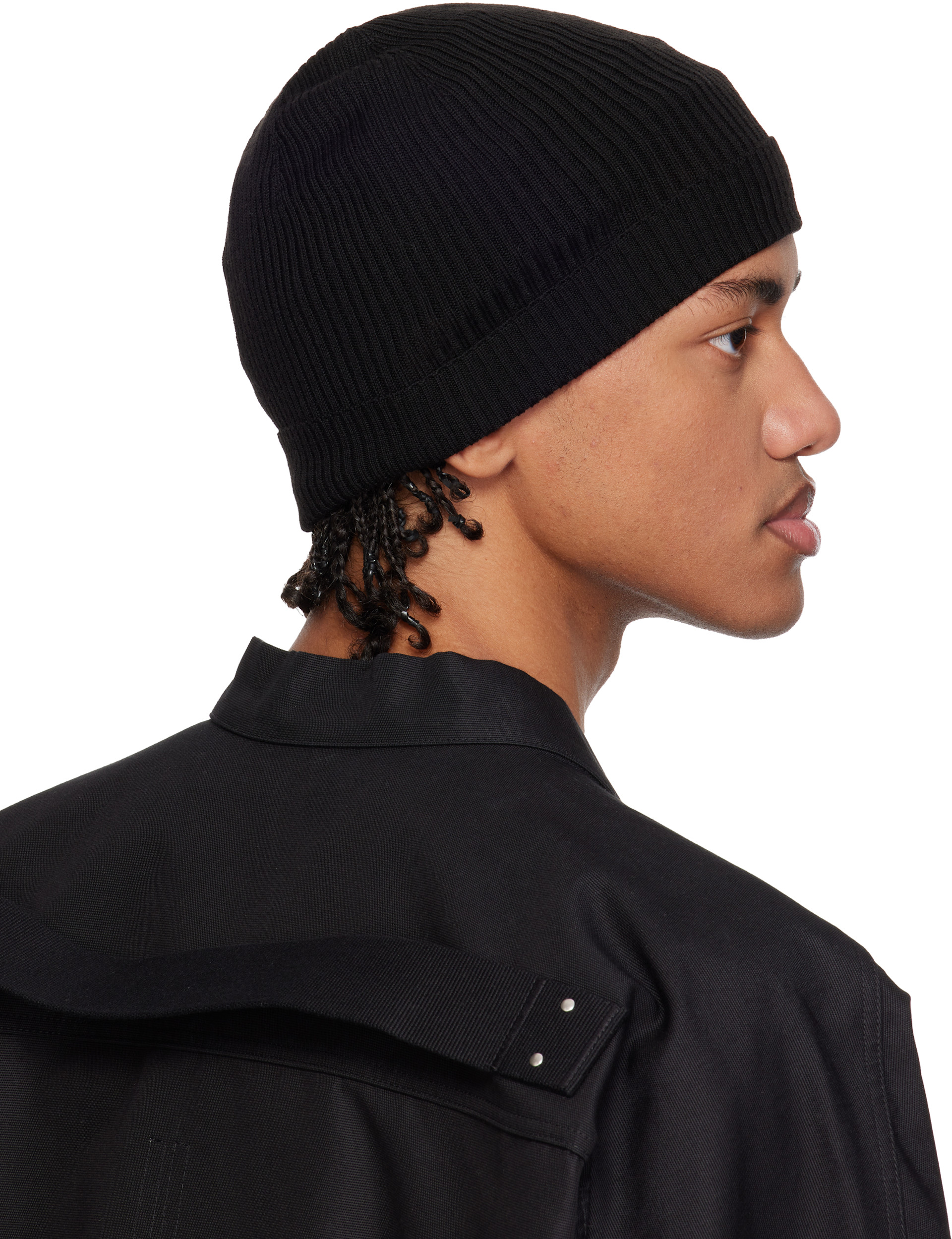 Rick Owens: ブラック Temple リブ ビーニー | SSENSE 日本