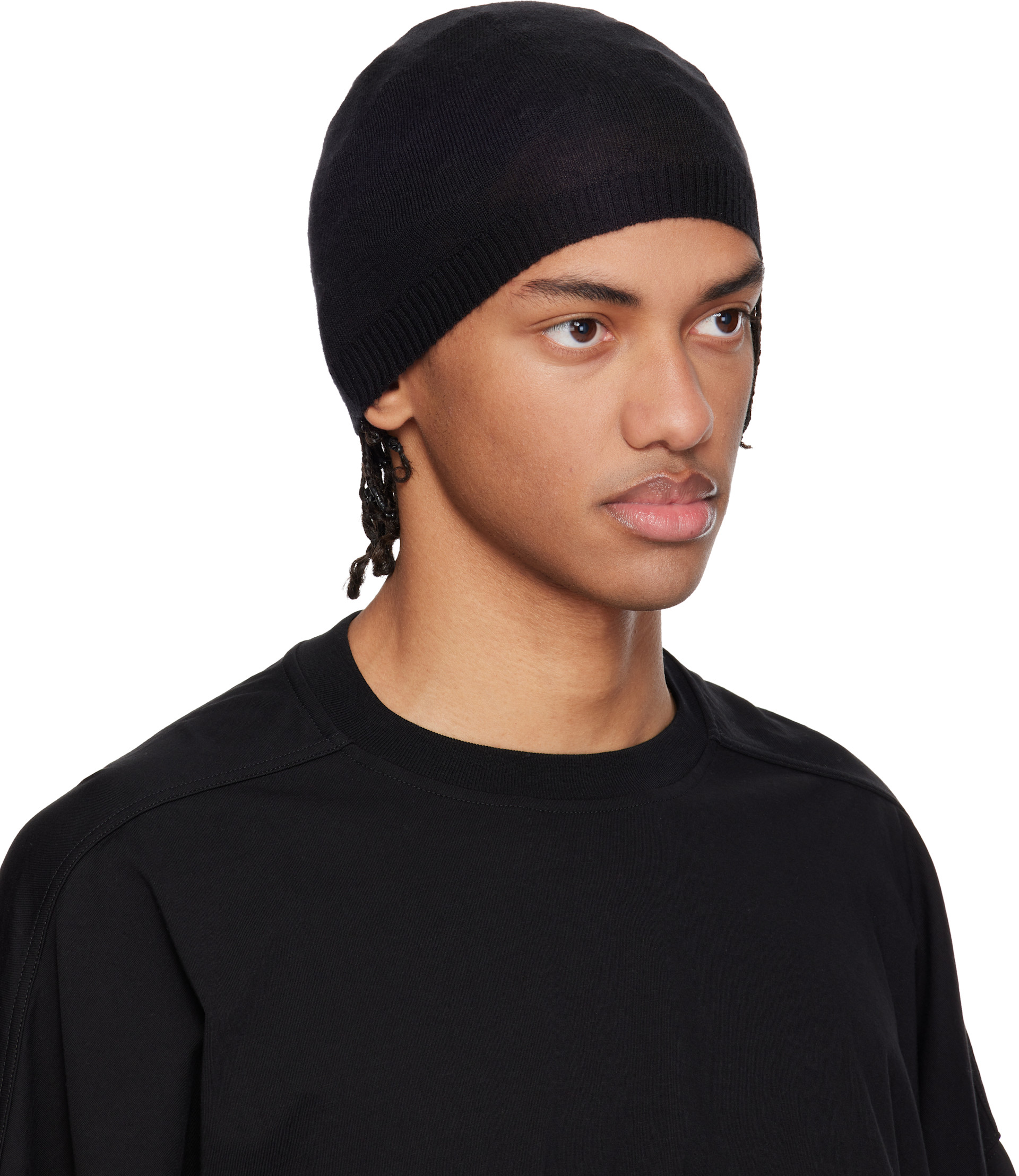 R827.2 Rick Owens ブラック ニットネックウォーマー Rick Owens: Black Temple Rasato Knit Beanie | SSENSE